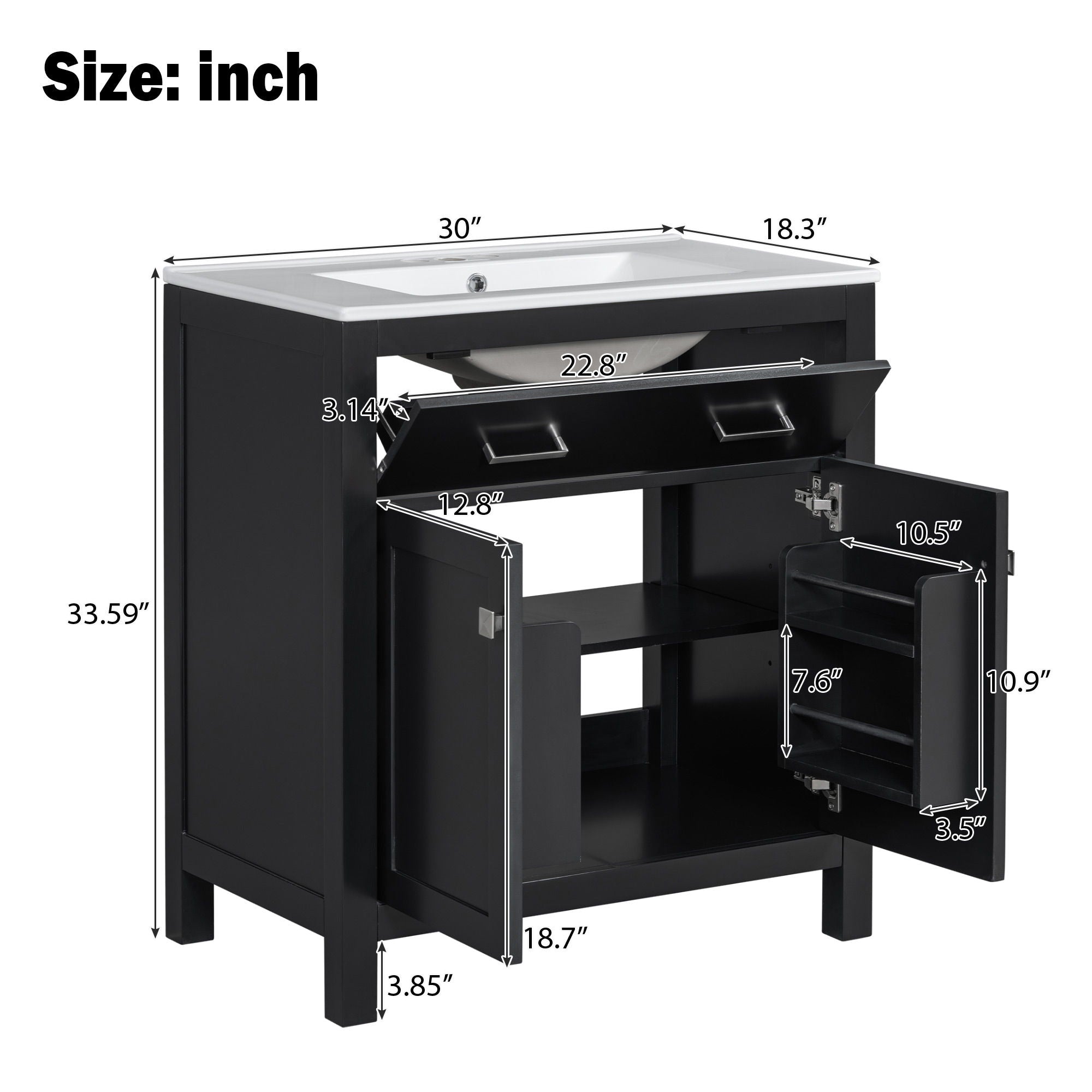 Bathroom Vanity With Ceramic Sink, Modern Single Bathroom Cabinet With 2 Doors And A Shelf, Soft Close Doors