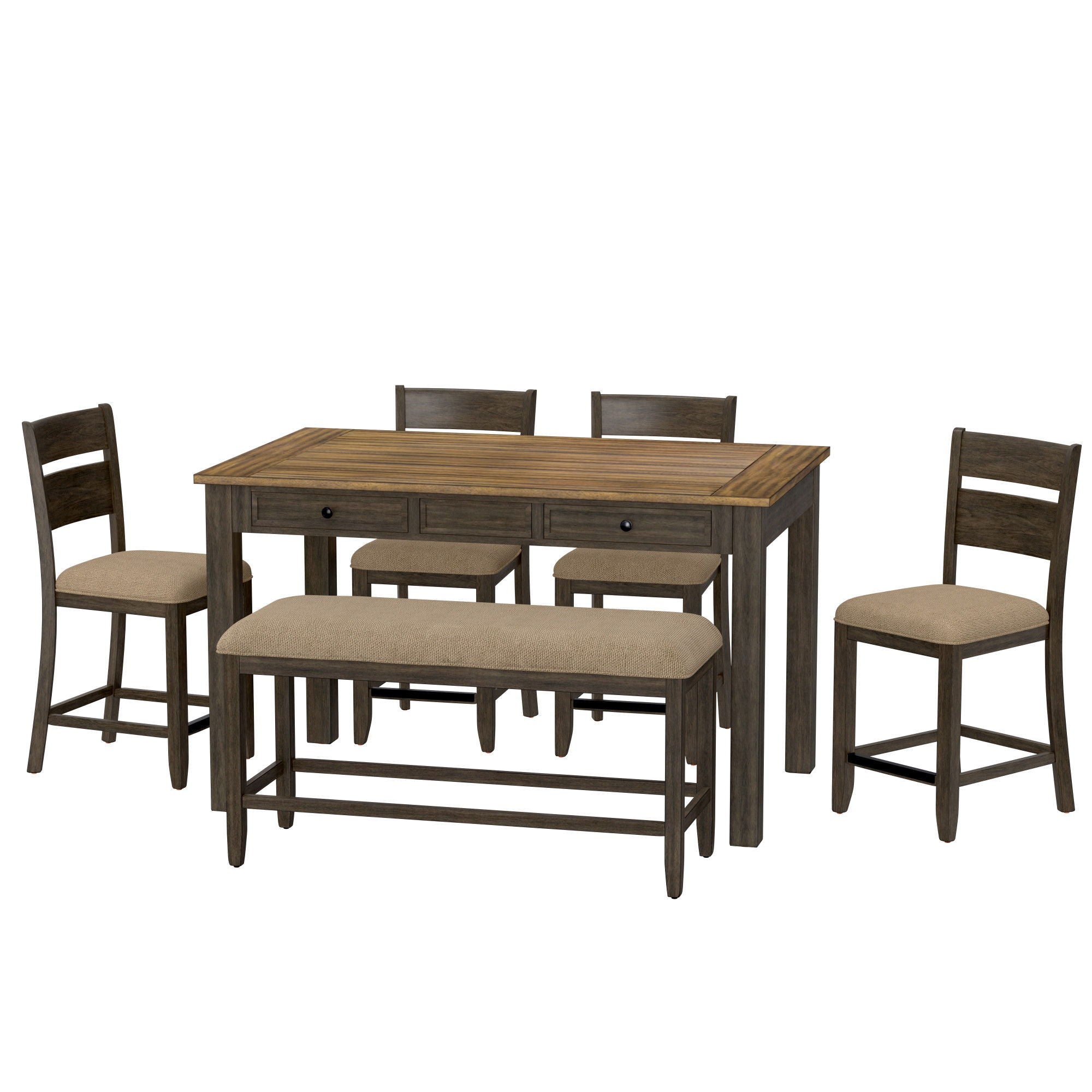 6 Piece Dining Set With Table, Chairs And Bench - Brown