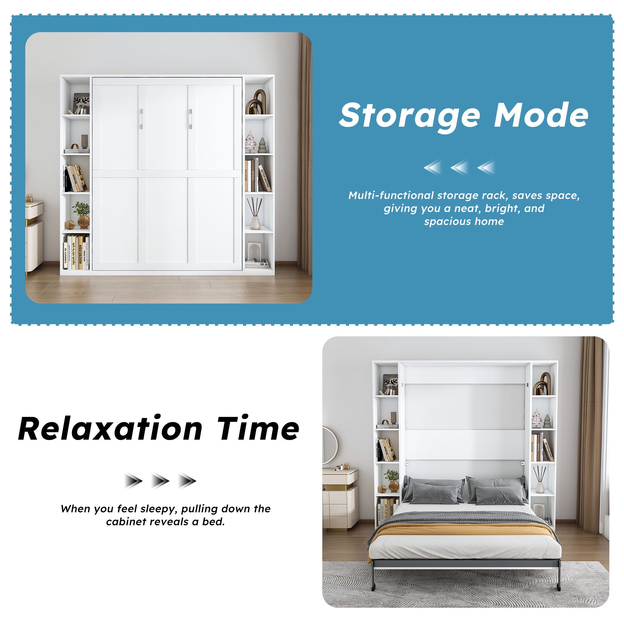 Queen Murphy Bed With Storage Cabinet, Foldable Wall Bed For Bedrooms - White
