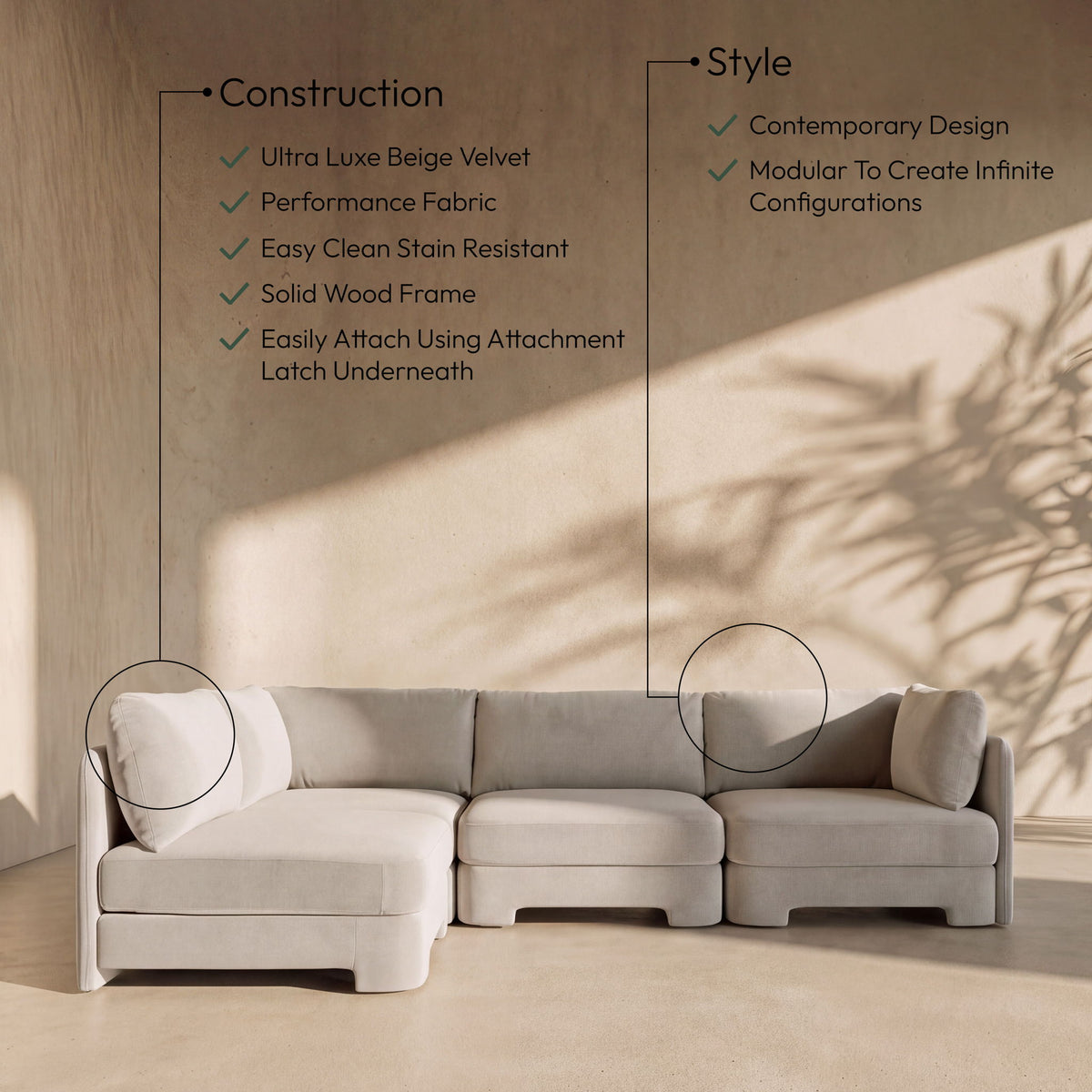 Hammond - Velvet Performance Fabric Upholstered 4 Piece Armless Sectional