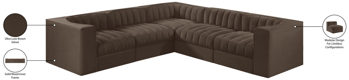 Rummi - Symmetrical Velvet Performance Fabric Upholstered 5 Piece Modular Sectional
