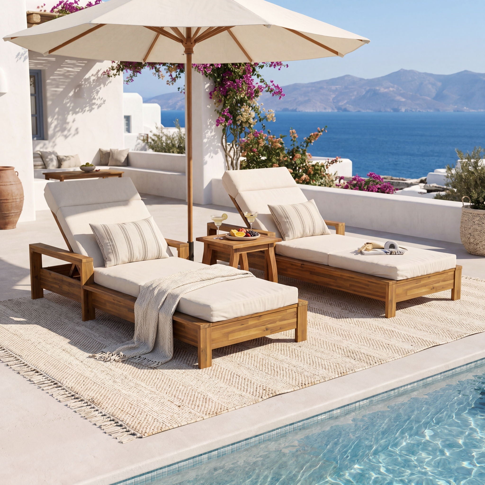 Chaise Lounge Set With 4 Fold Cushion And Built In Headrest, 3 Position Adjustable, For Patio Pool - Cream / Teak