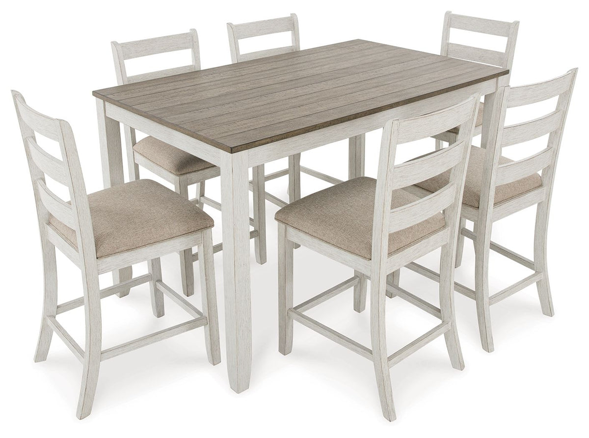Skempton - Counter Height Dining Table and Bar Stools (Set of 7) - White / Light Brown