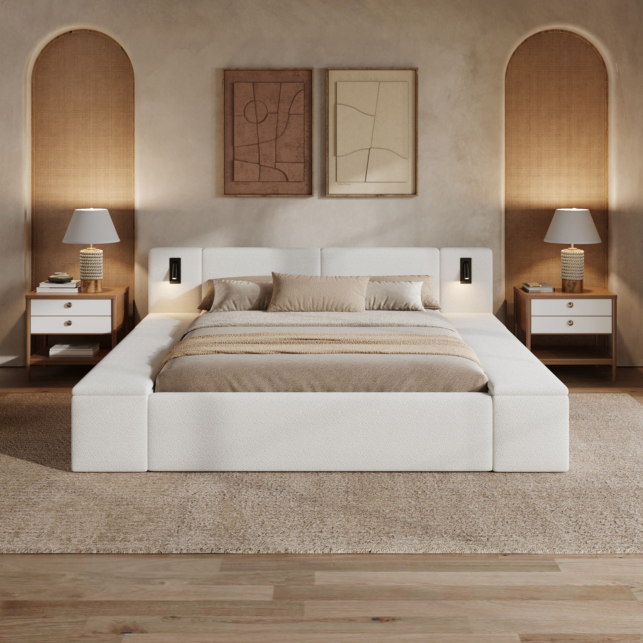 Upholstered Platform Bed Frame With Hidden Storage, Built-In Nightstands & LED Reading Lights