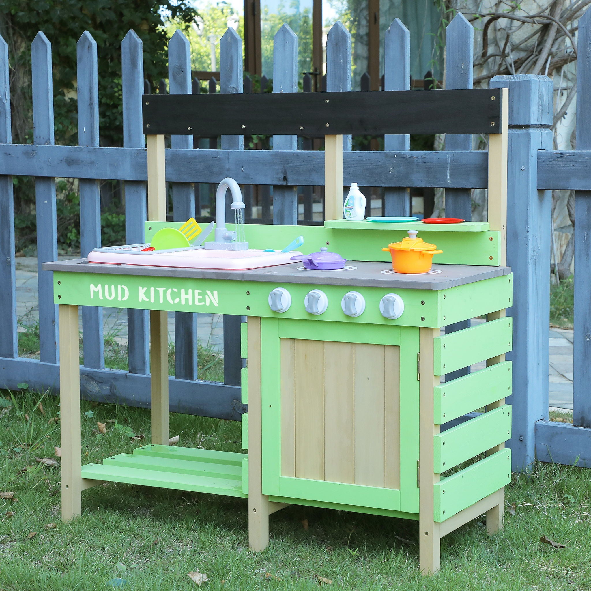 Kids Play Kitchen With Mud Kitchen Set & Water Play Toys For Outdoor Use - Green