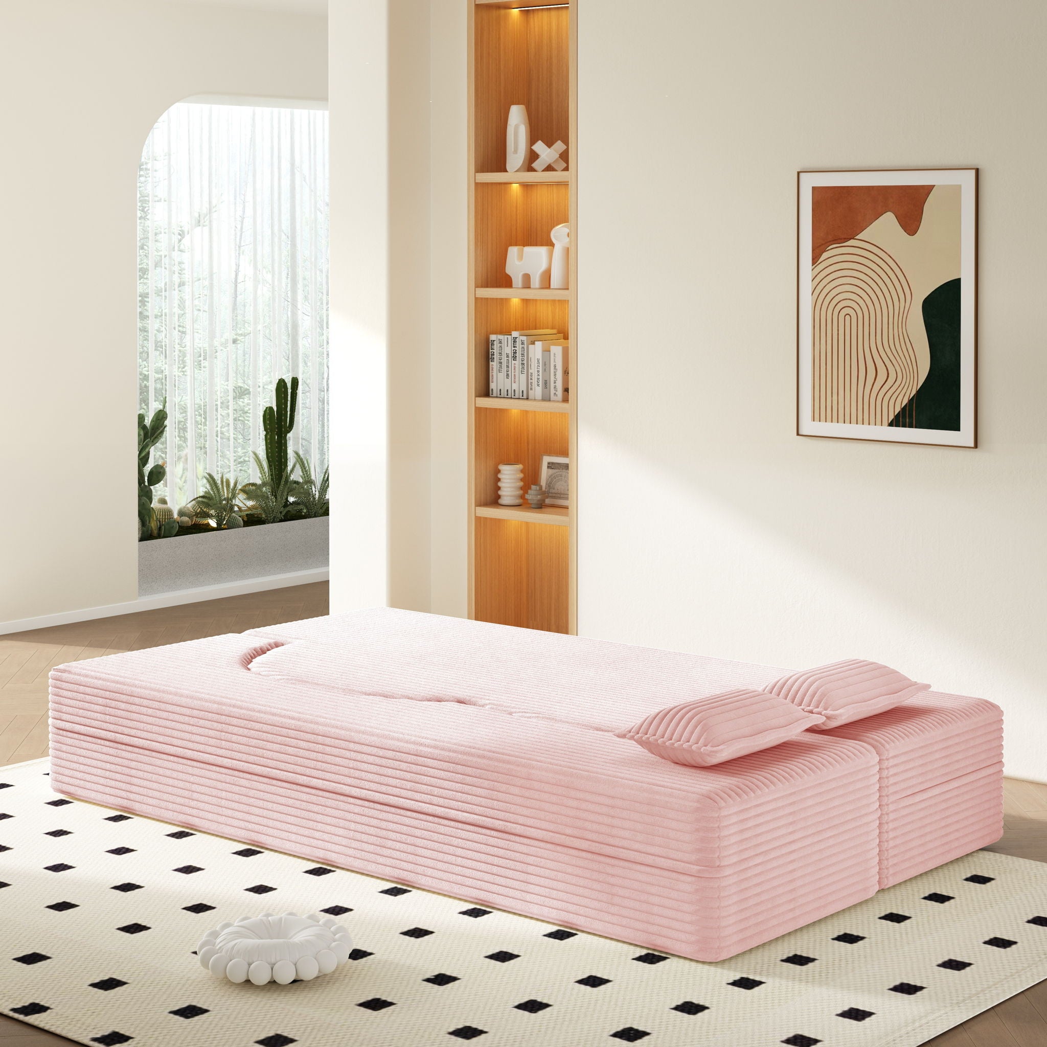 Modern Floor Sofa With 2 Pillows, Convertible Twin Size Folding Mattress For Living Room