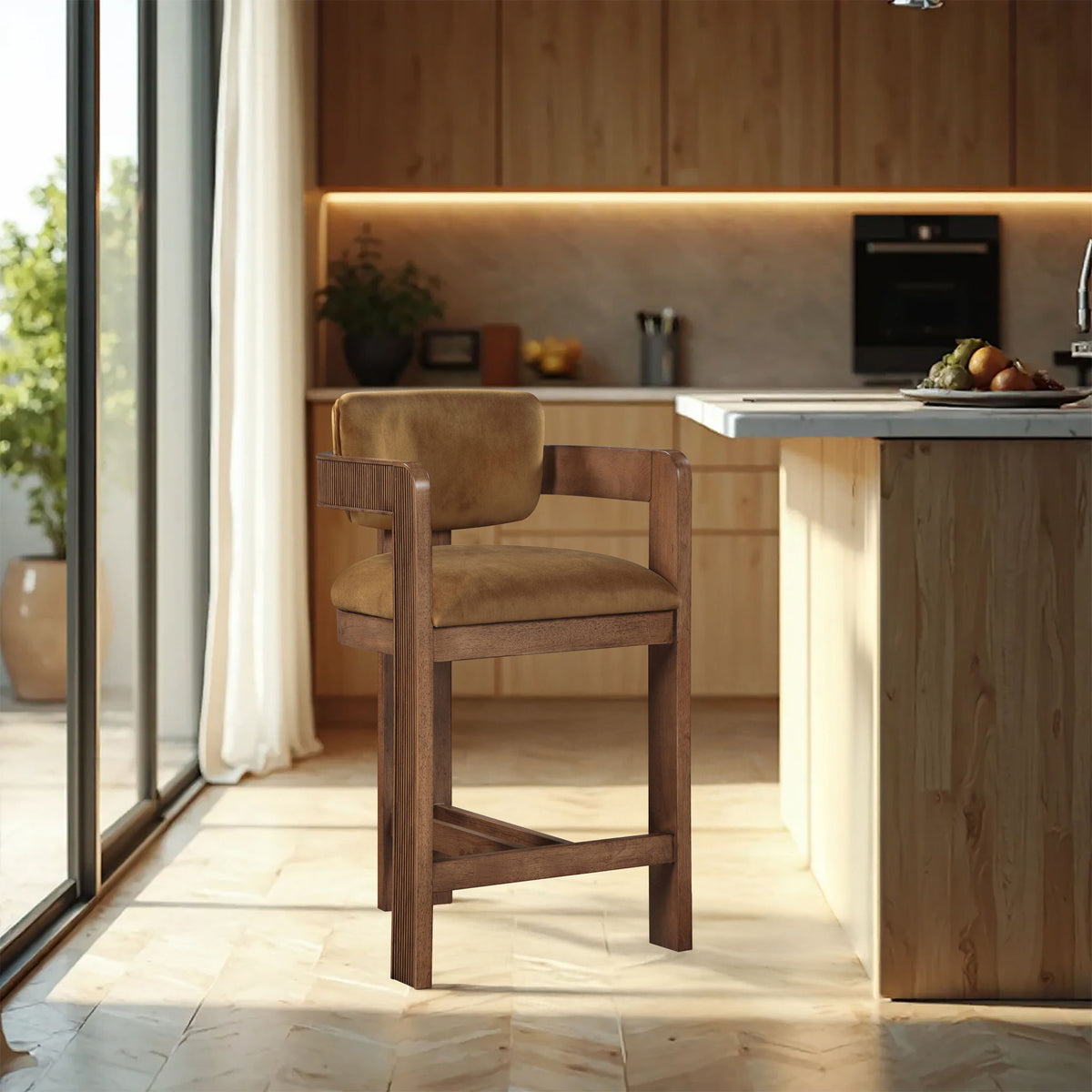 Sacha - Velvet Stool With Brown Base