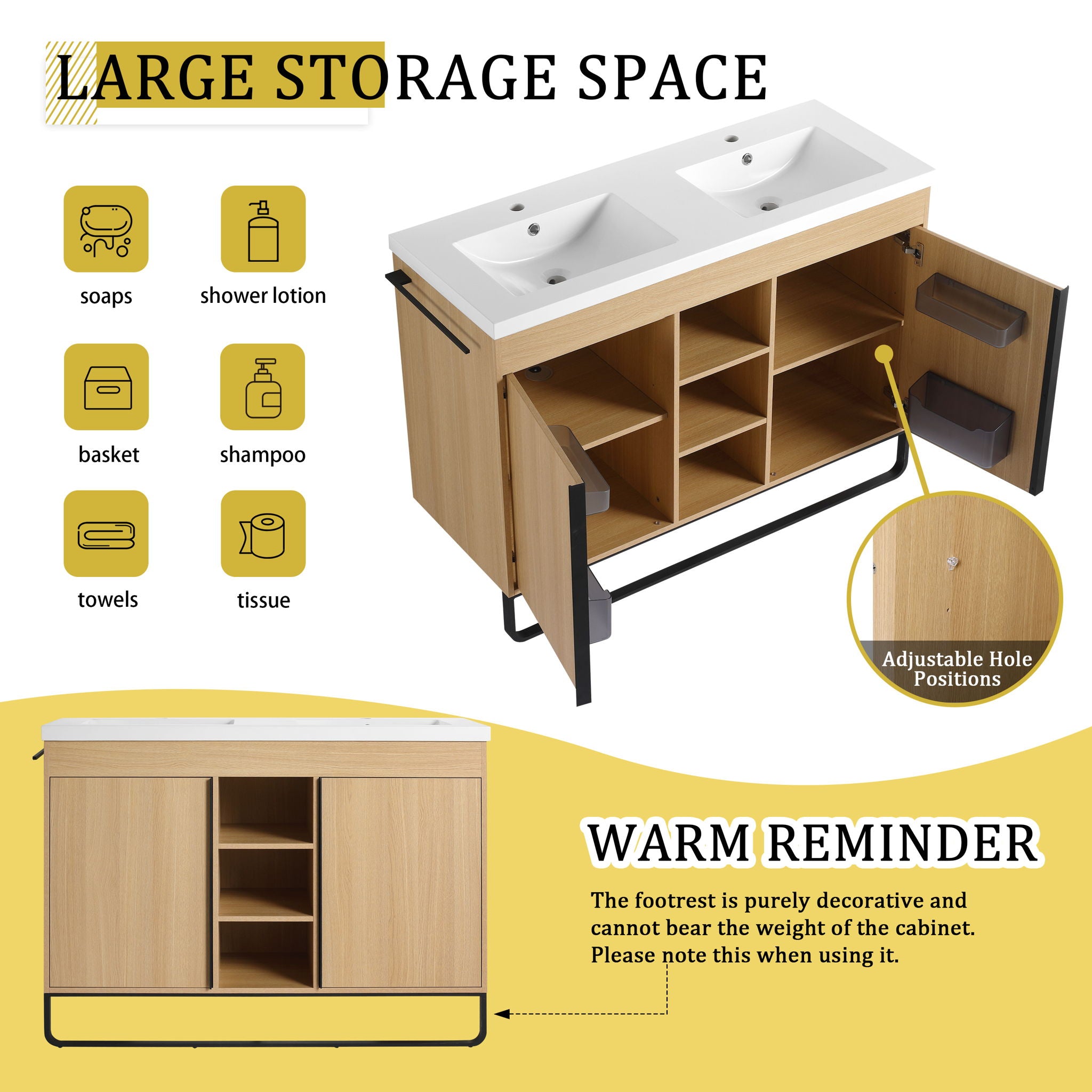 48" Freestanding Bathroom Vanity With Double Sink, 2 Soft Close Doors & 3 Open Shelves - Oak