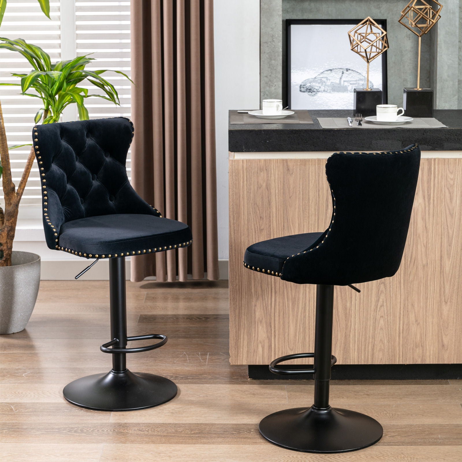 Swivel Barstools Adjusatble Seat Height, Modern Upholstered Bar Stools With Backs Comfortable Tufted For Home Pub And Kitchen Island (Set of 2)