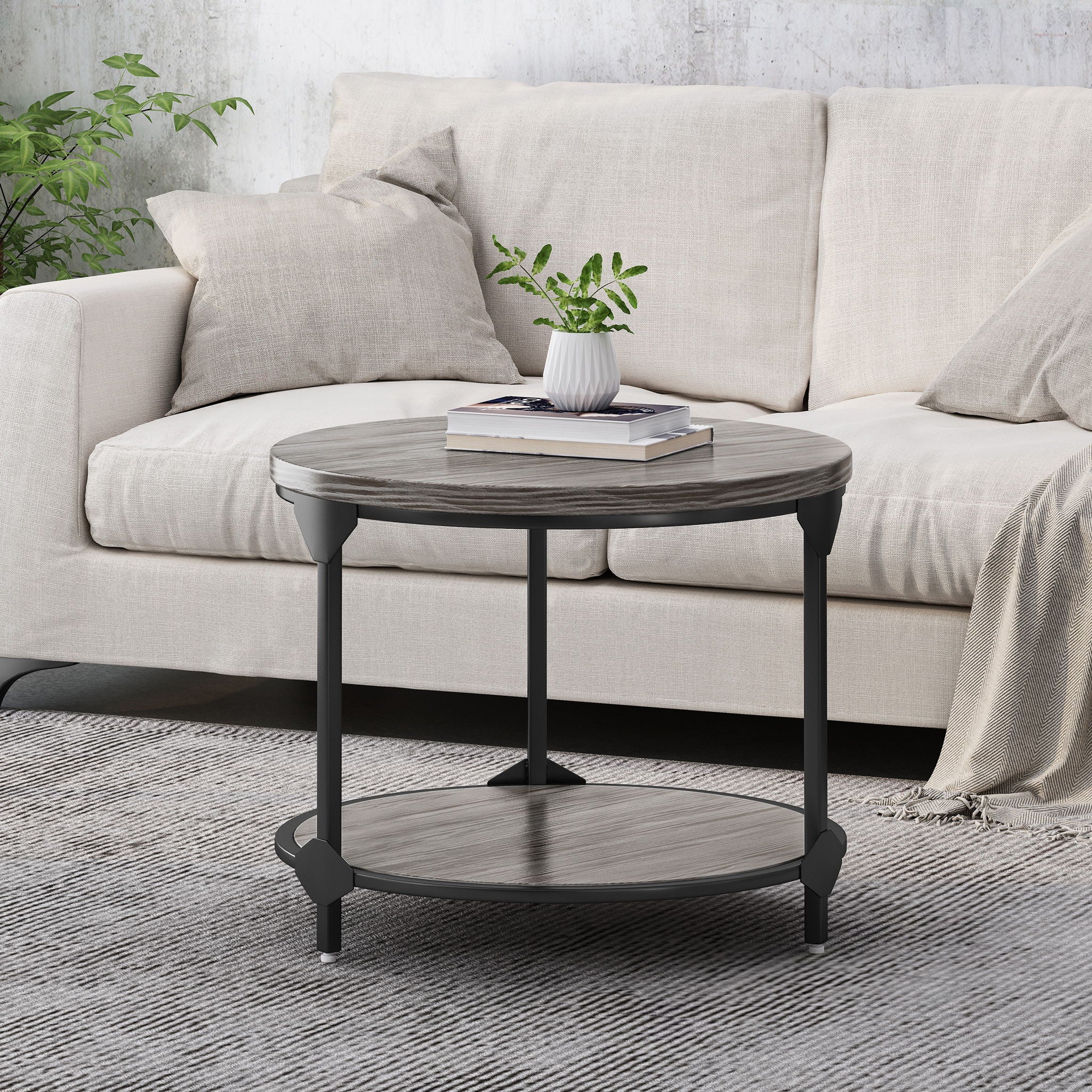 Coffee Table With Wood Patterned Tabletop And Iron Frame - Gray