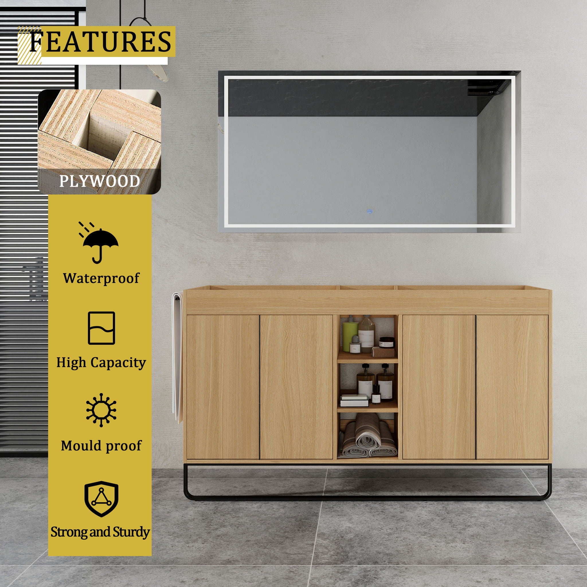 58" Freestanding Bathroom Cabinet With 4 Soft Close Doors & 3 Open Racks (Vanity Only, No Sink) - Oak