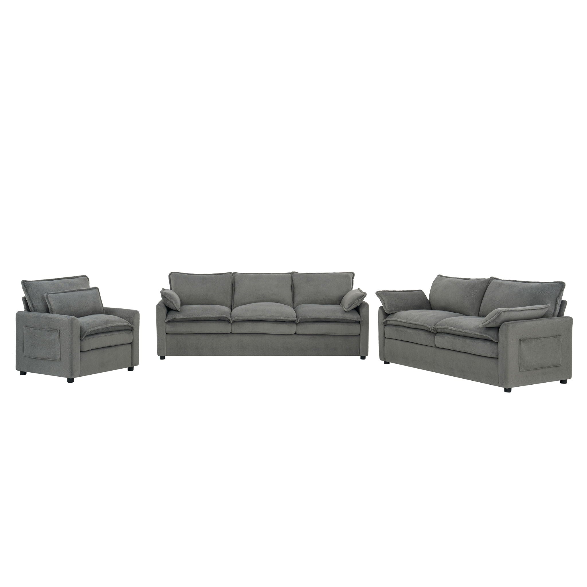 Modern Sofa Set With Double Layer Cushion And Side Storage Pockets