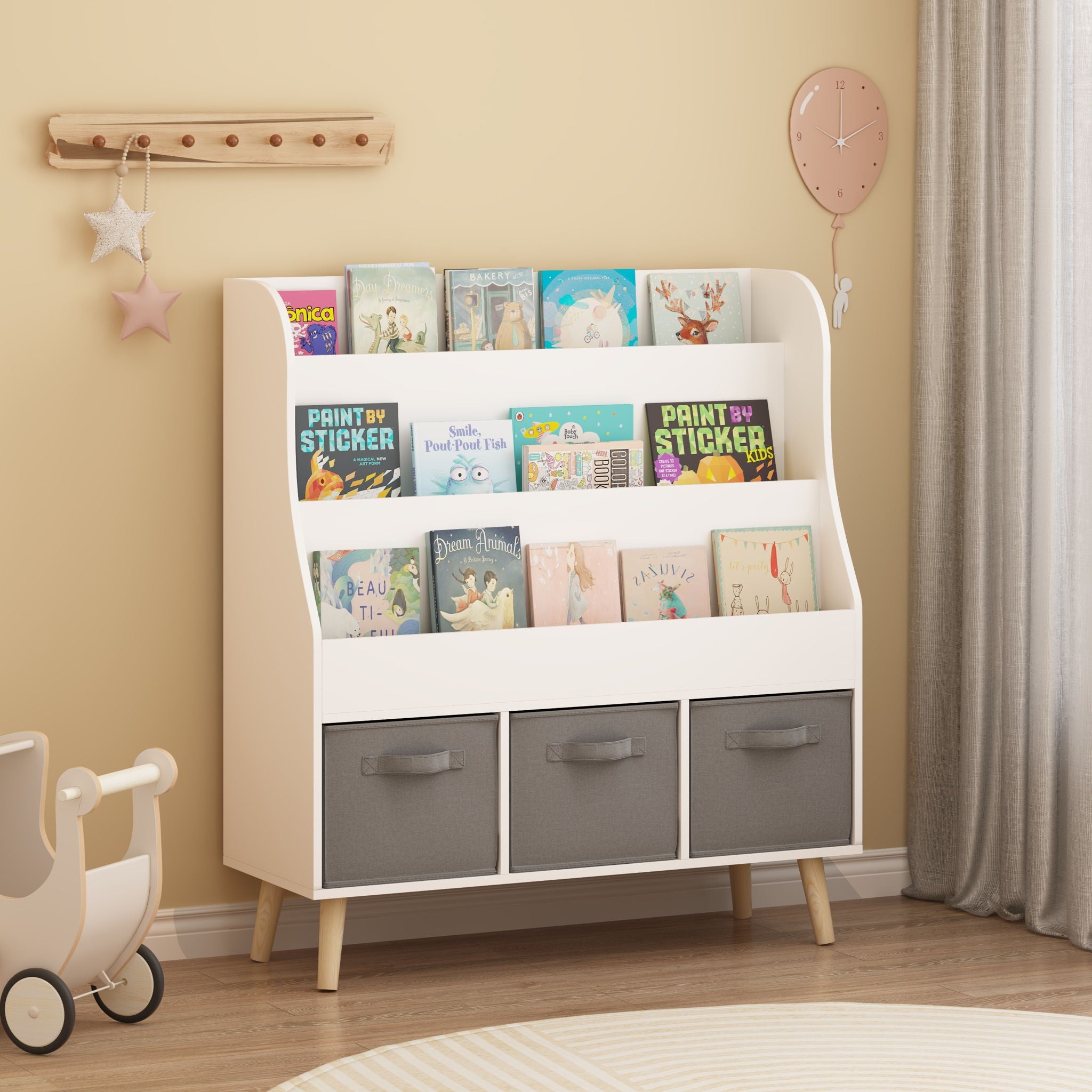 Bookshelf With 3 Bins, Storage Shelf For Toys And Books