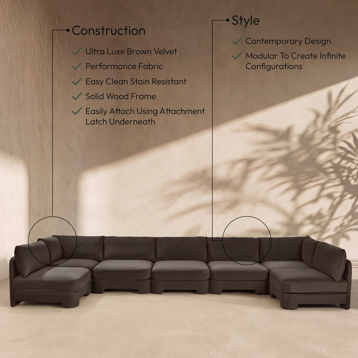Hammond - Velvet Performance Fabric Upholstered 7 Piece U-Shaped Armless Sectional