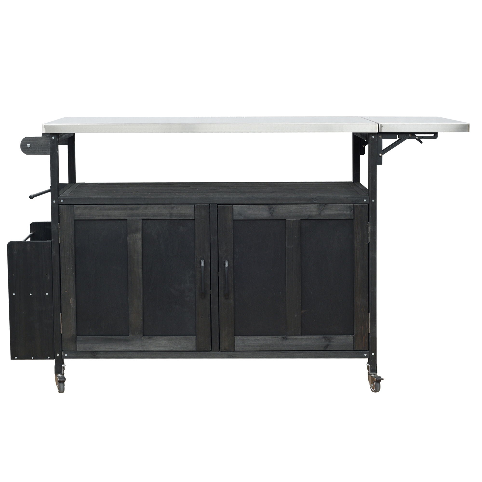 Foldable Outdoor Kitchen Island With Lockable Wheels, Storage Cabinet And Towel Rack For Patio