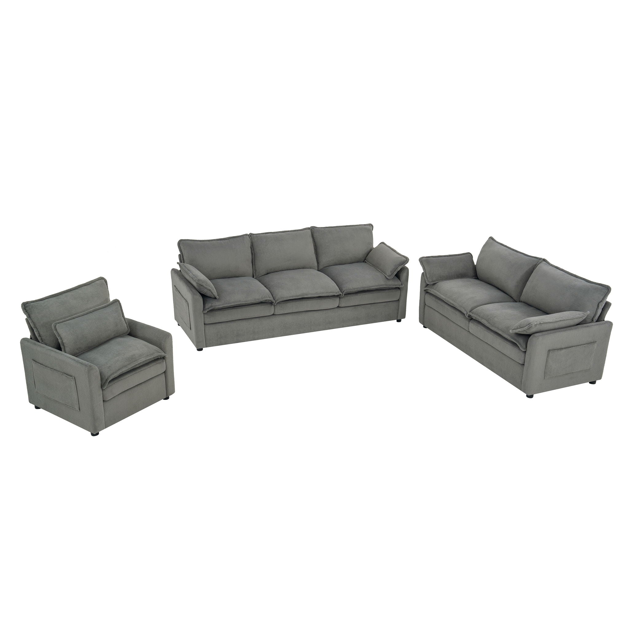 Modern Sofa Set With Double Layer Cushion And Side Storage Pockets