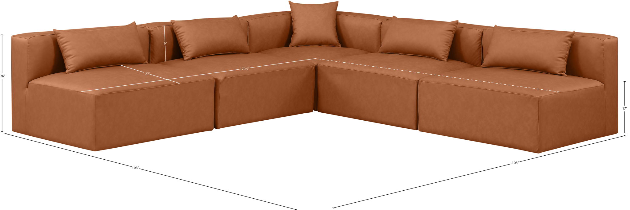 Cube - 5 Piece Modular Corner Armless Sectional - Cognac
