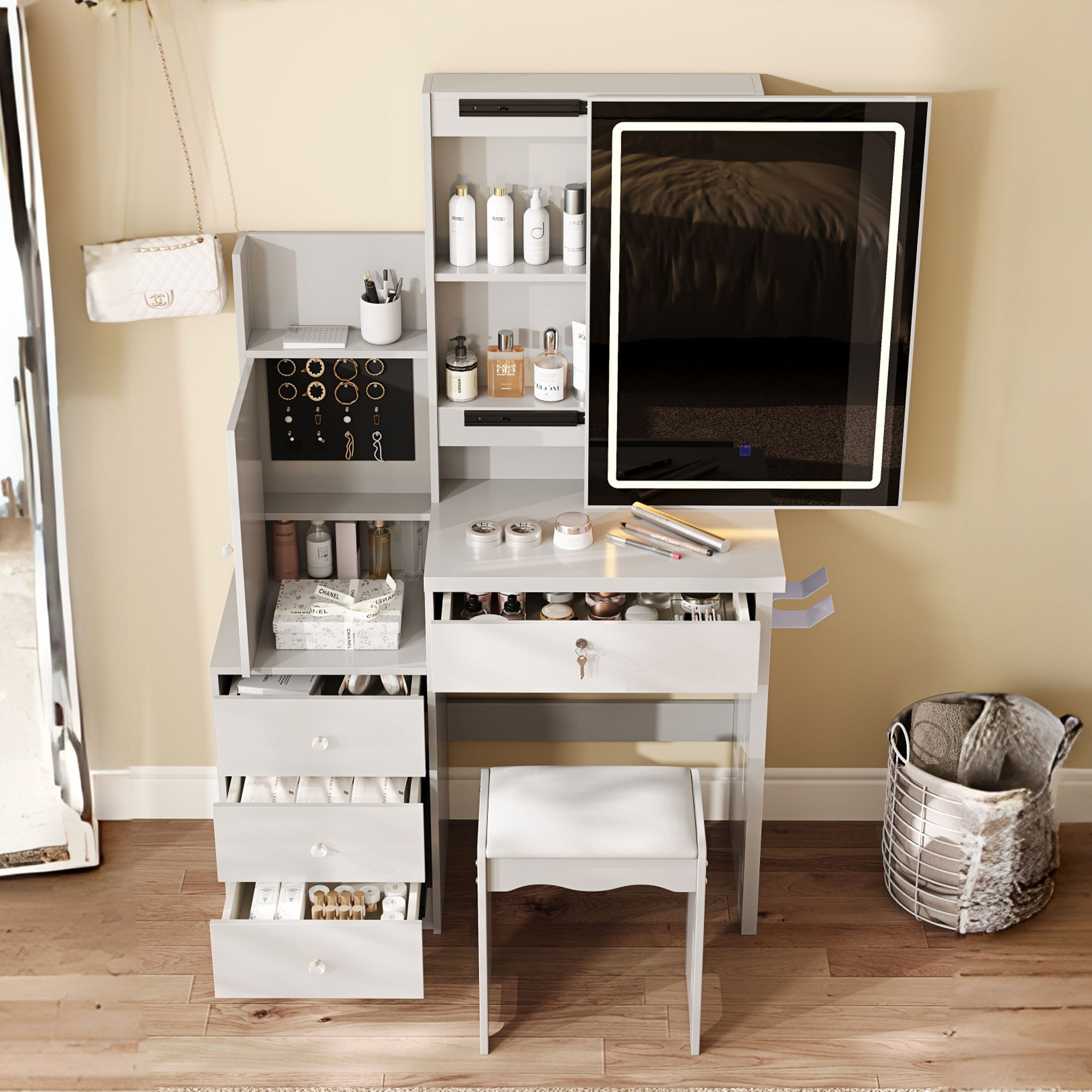 Vanity Desk Set With Sliding Lighted Mirror, 4 Drawer Makeup Dressing Table With 9 Storage Spaces, Hidden Compartments & Cushioned Stool, Beauty Furniture For Bedroom - White