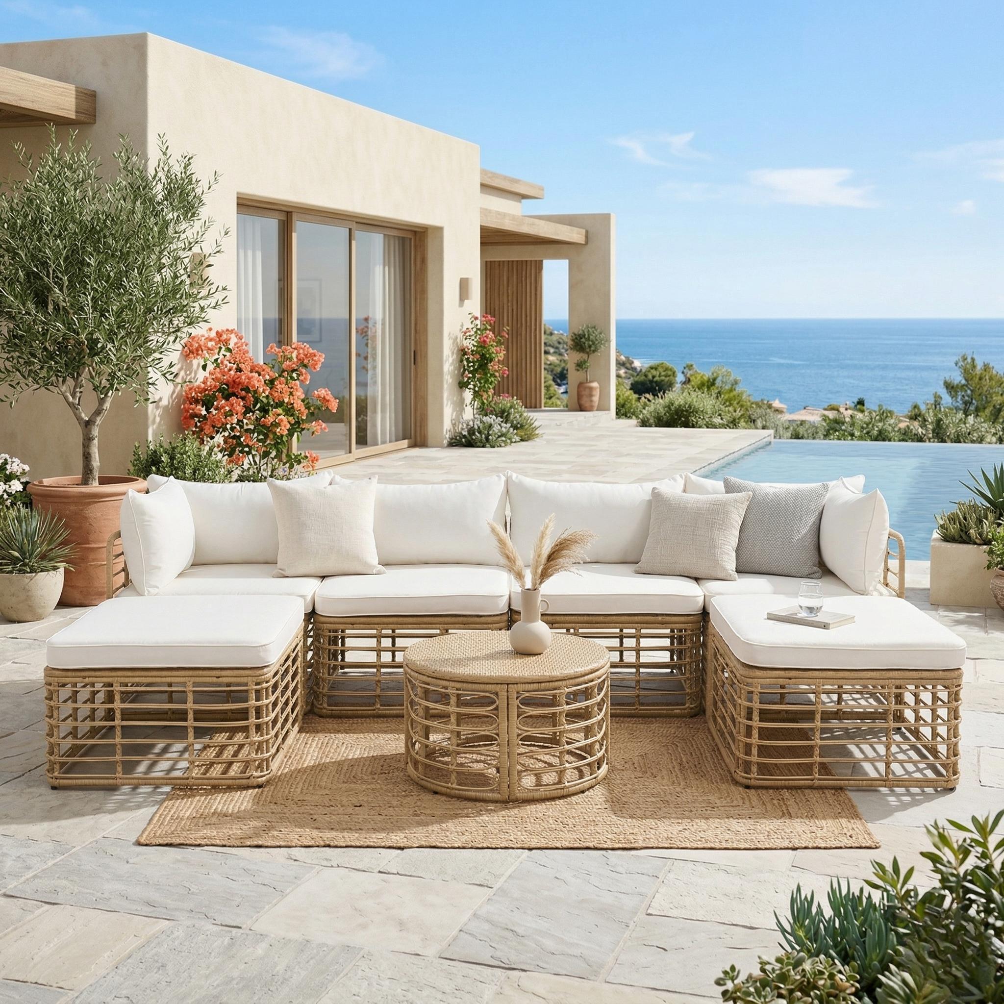 Outdoor Patio Furniture, All-Weather Rattan Sectional Sofa Set With Thick Cushions And Pillows, Freely Combined Conversation Sets For Garden, Backyard, Balcony