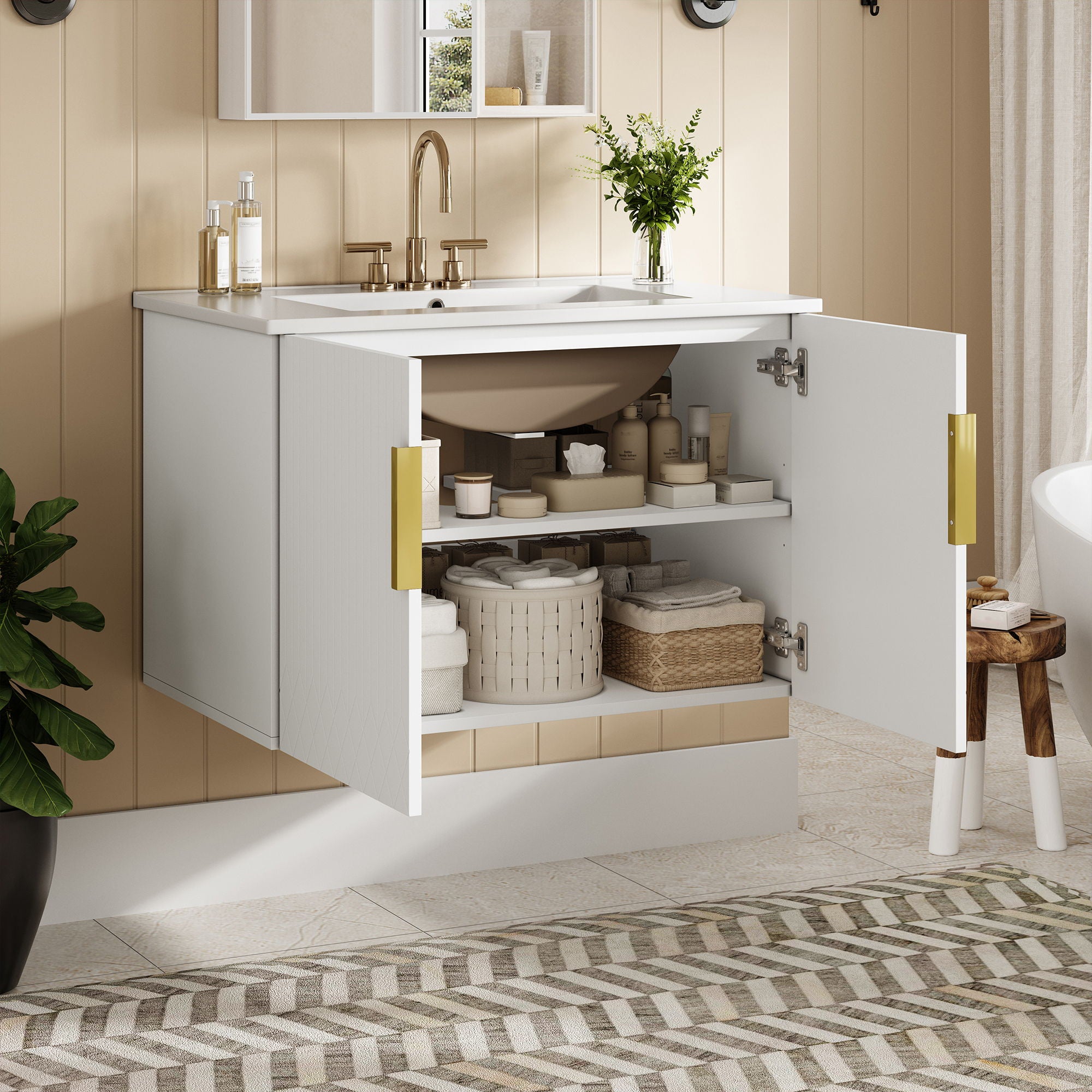 Bathroom Vanity With Sink, Rectangular Storage Cabinet With 2 Soft Closing Doors - White