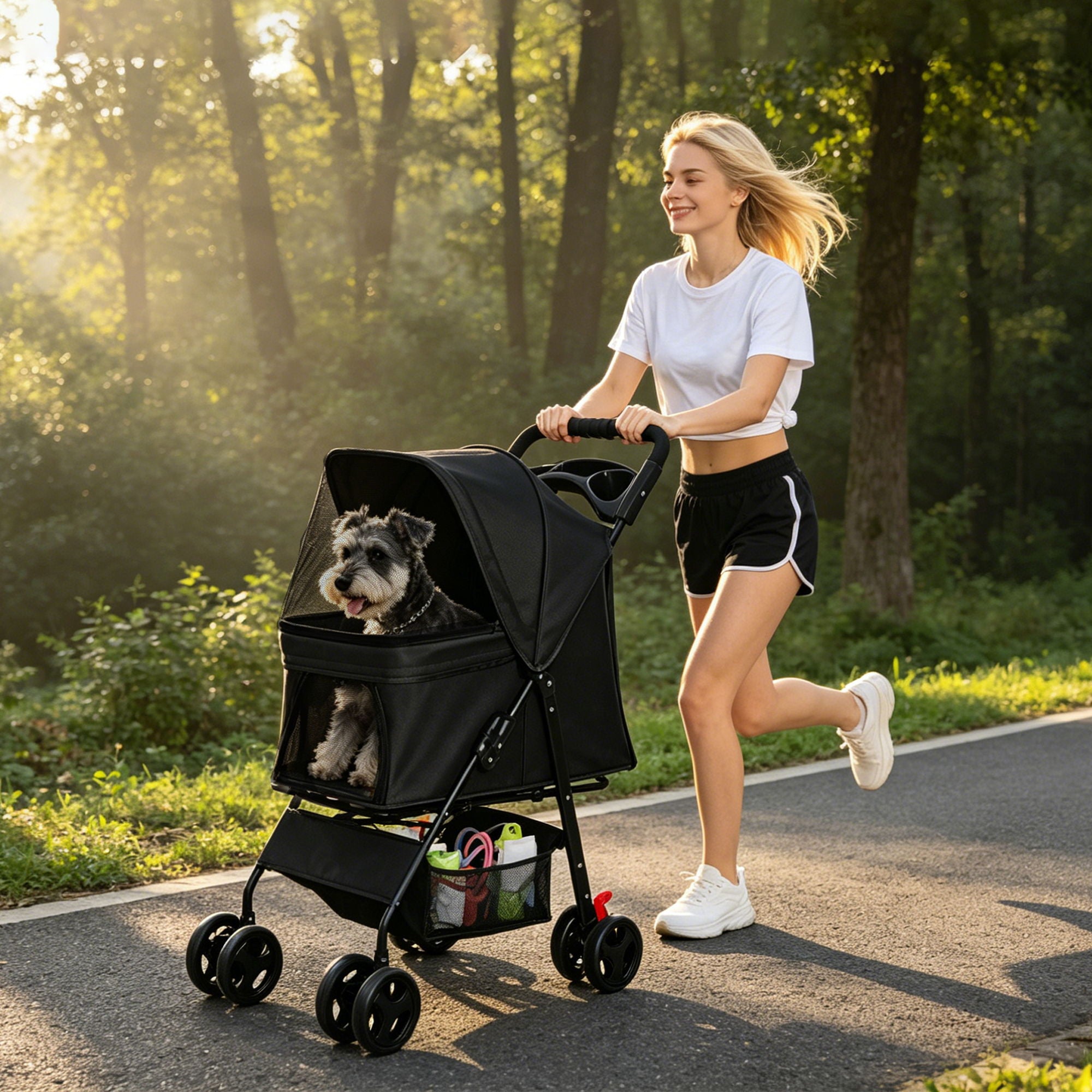 Foldable Pet Stroller For Small Dogs And Cats With Multi Functional Tray