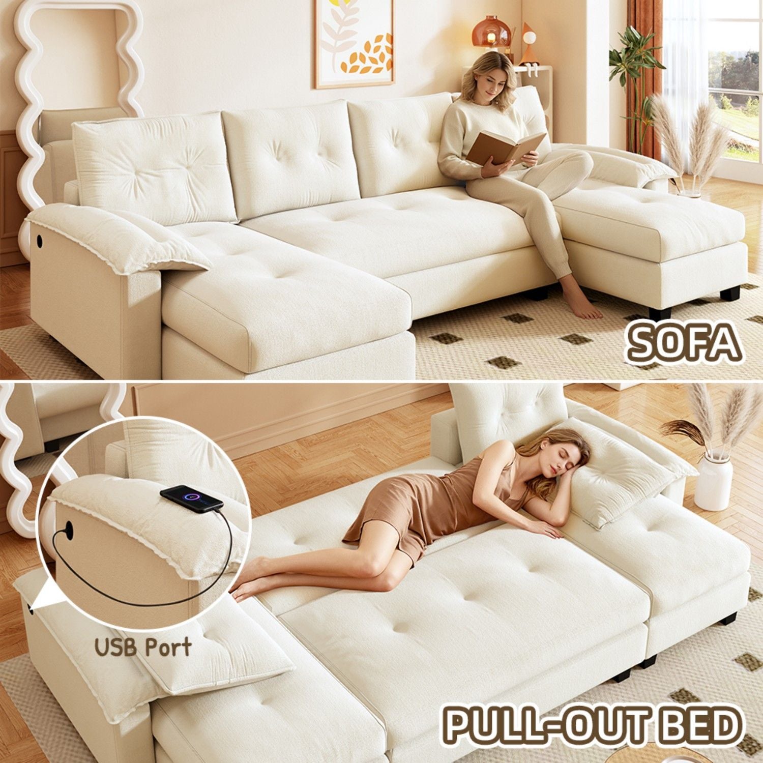 U-Shaped Sleeper Sofa With Pull Out Bed
