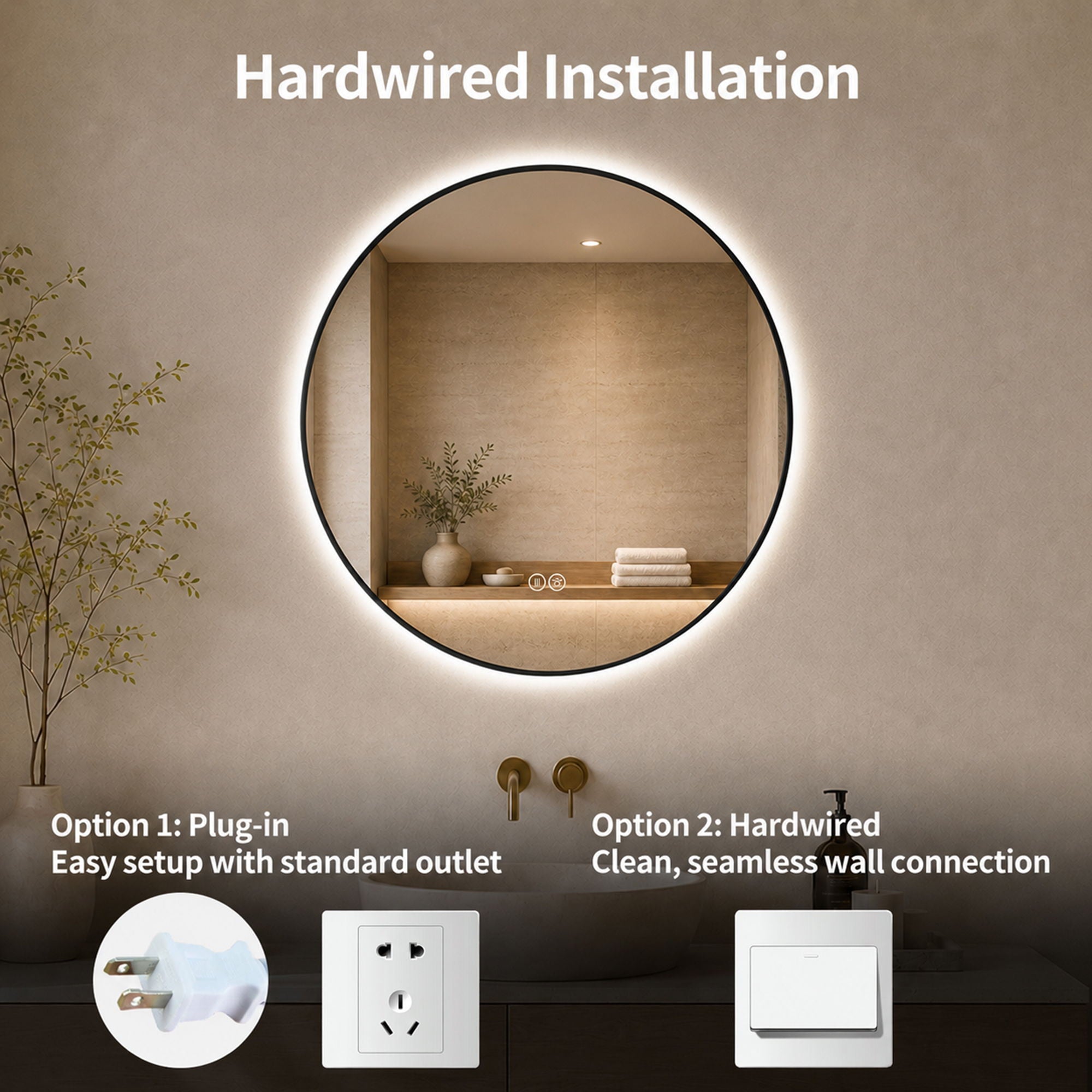 Round Framed Dimmable ED Bathroom Mirror With Anti Fog