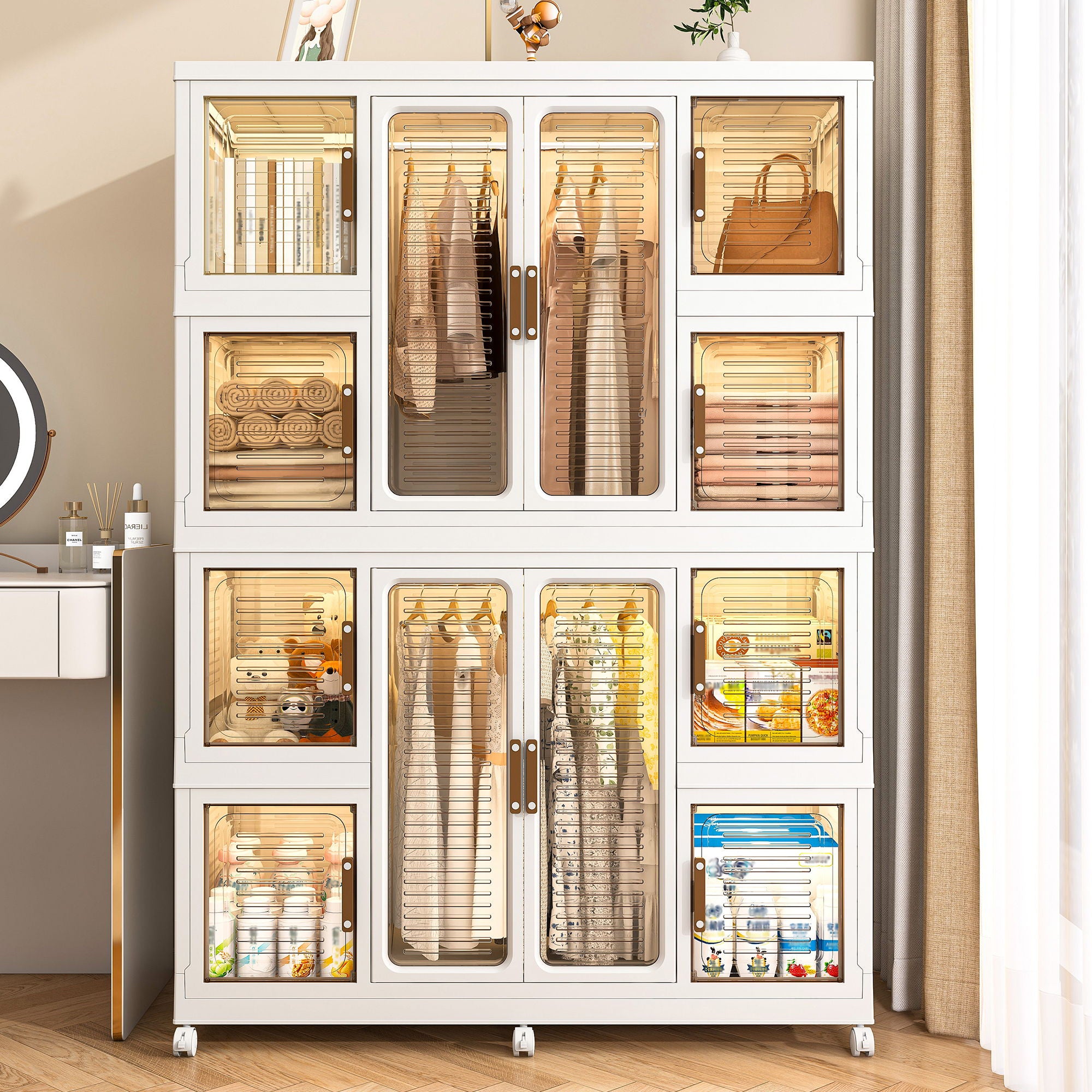 Portable Wardrobe Closet Storage Organizer For Clothes With Magnetic Doors, 12 Cubes & 2 Hanging Rods - White