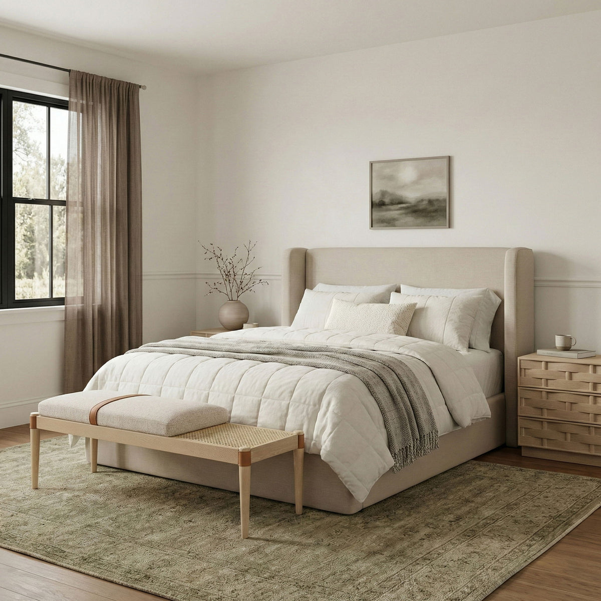 Nara - Linen Textured Fabric Upholstered Bench - Painted Natural