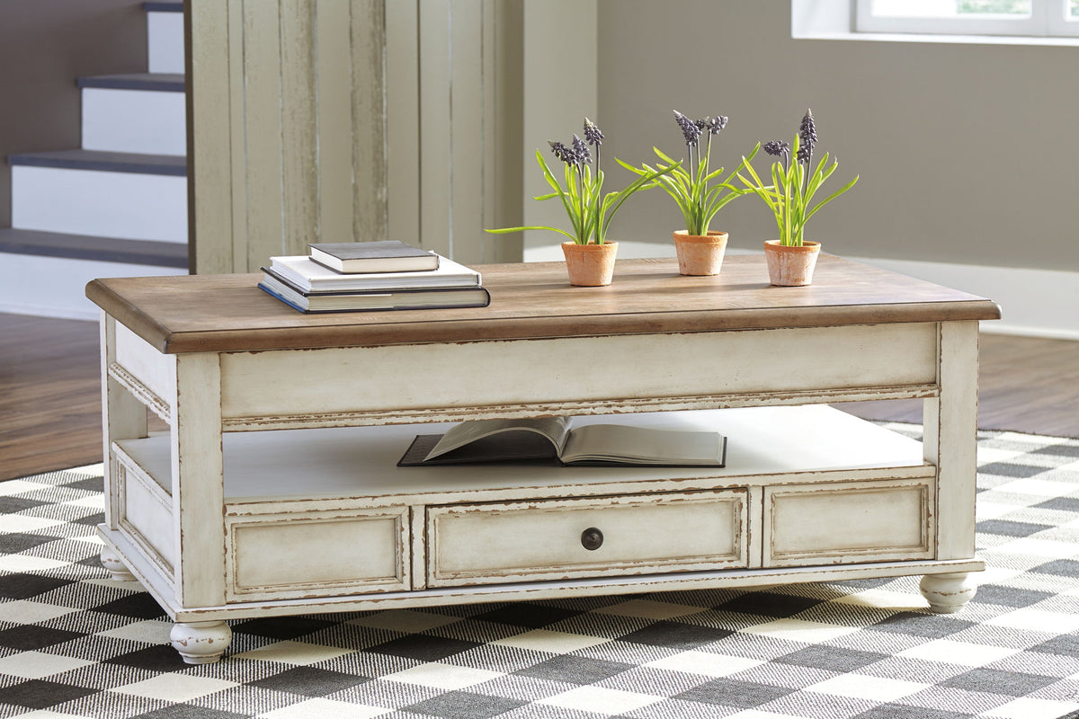 Realyn - Lift Top Cocktail Table - White / Brown