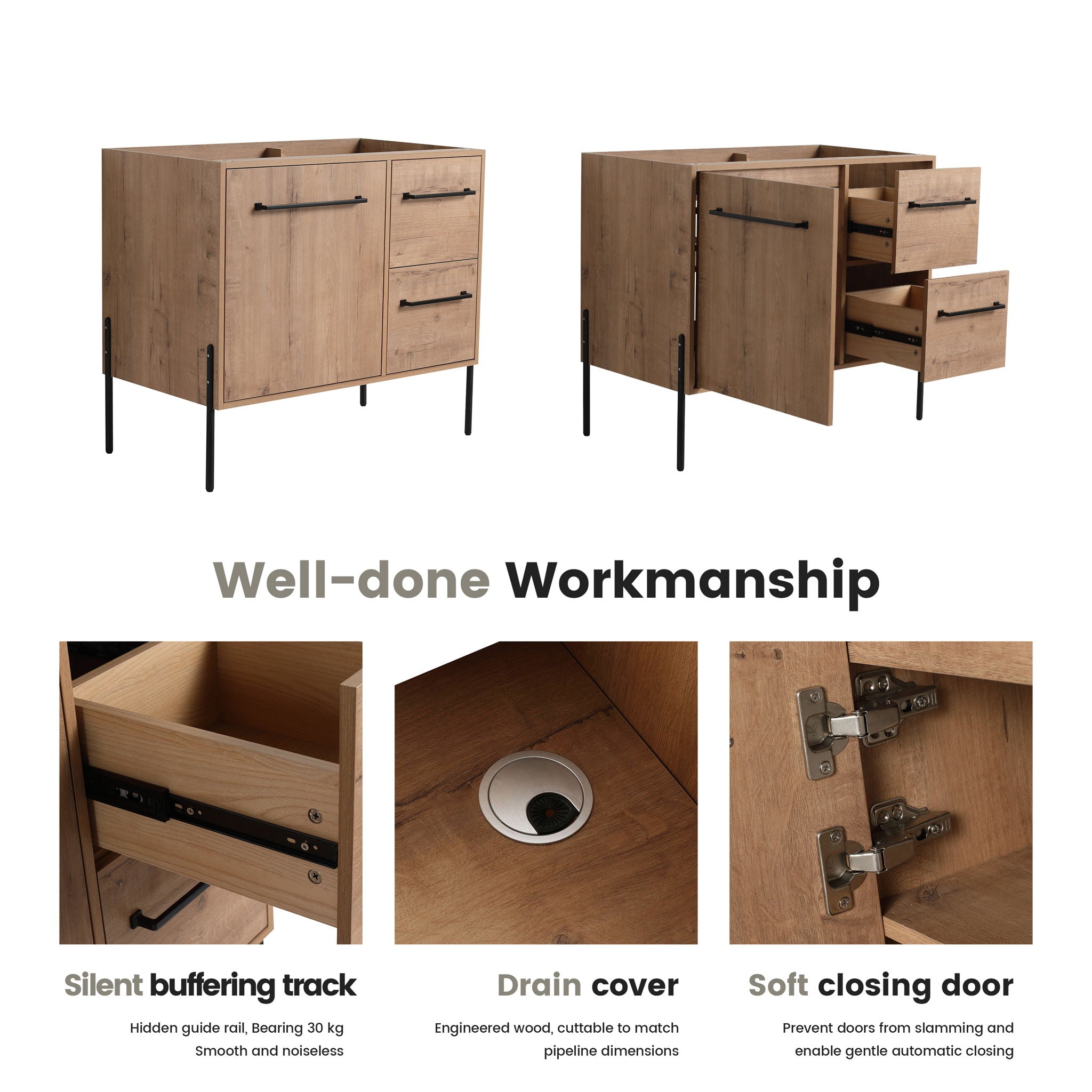 35" Freestanding Bathroom Vanity With Soft Close Doors And 2 Drawers (Vanity Only) - Imitative Oak