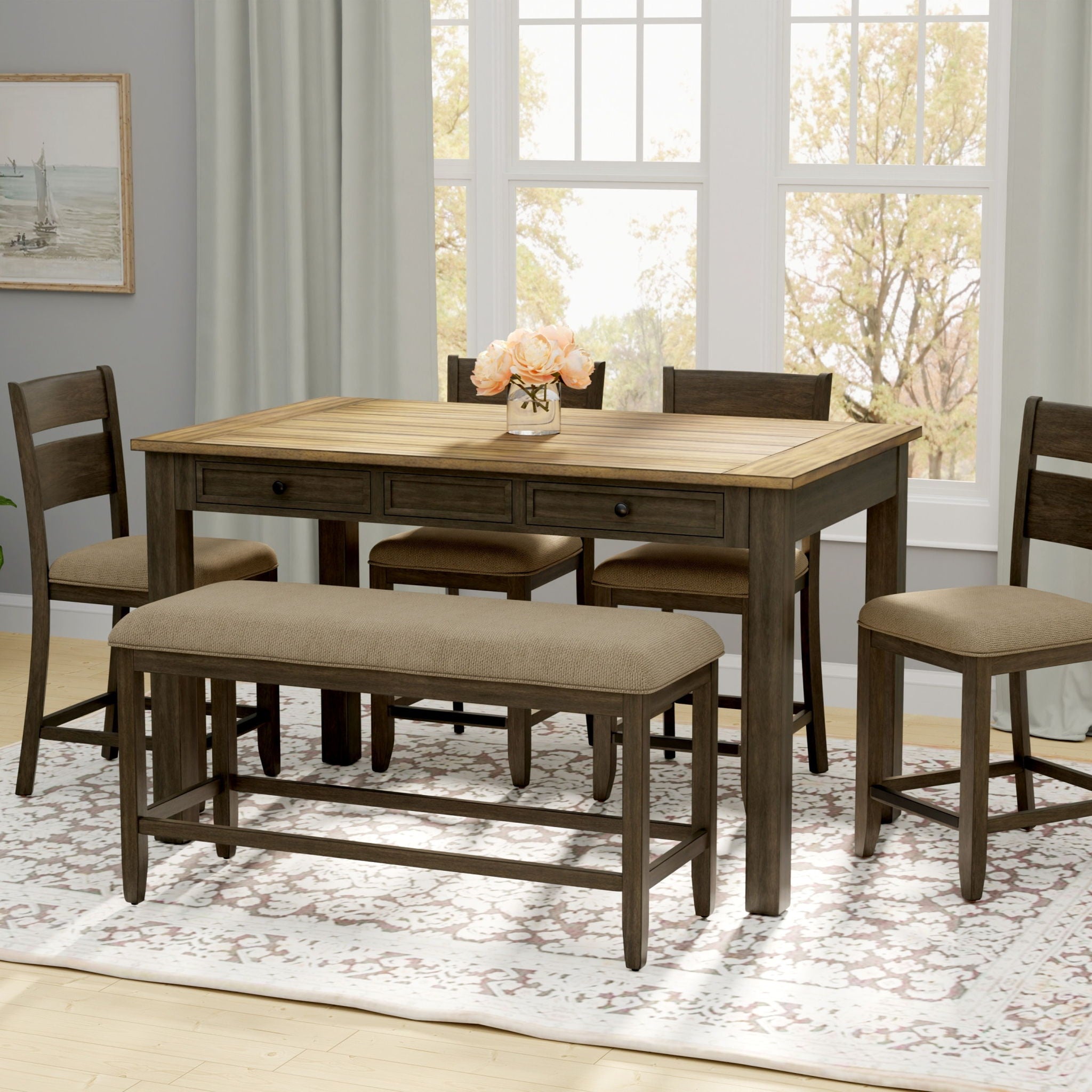 6 Piece Dining Set With Table, Chairs And Bench - Brown