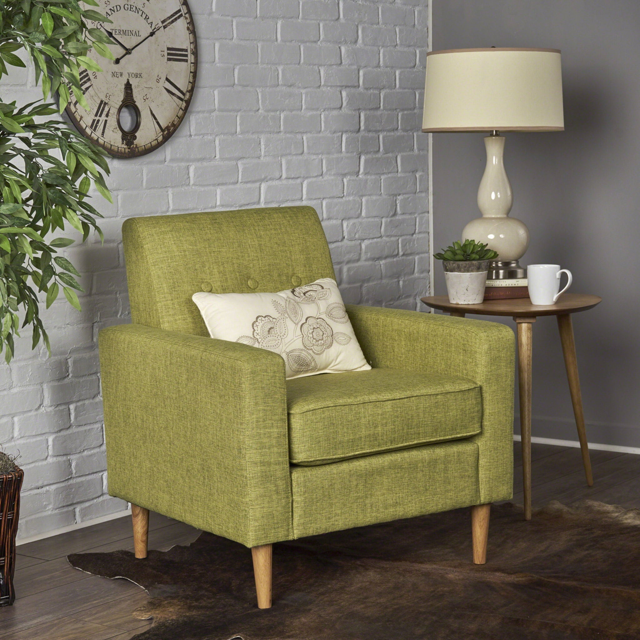 Modern Club Chair, Elegant Fabric With Rubberwood Legs - Green