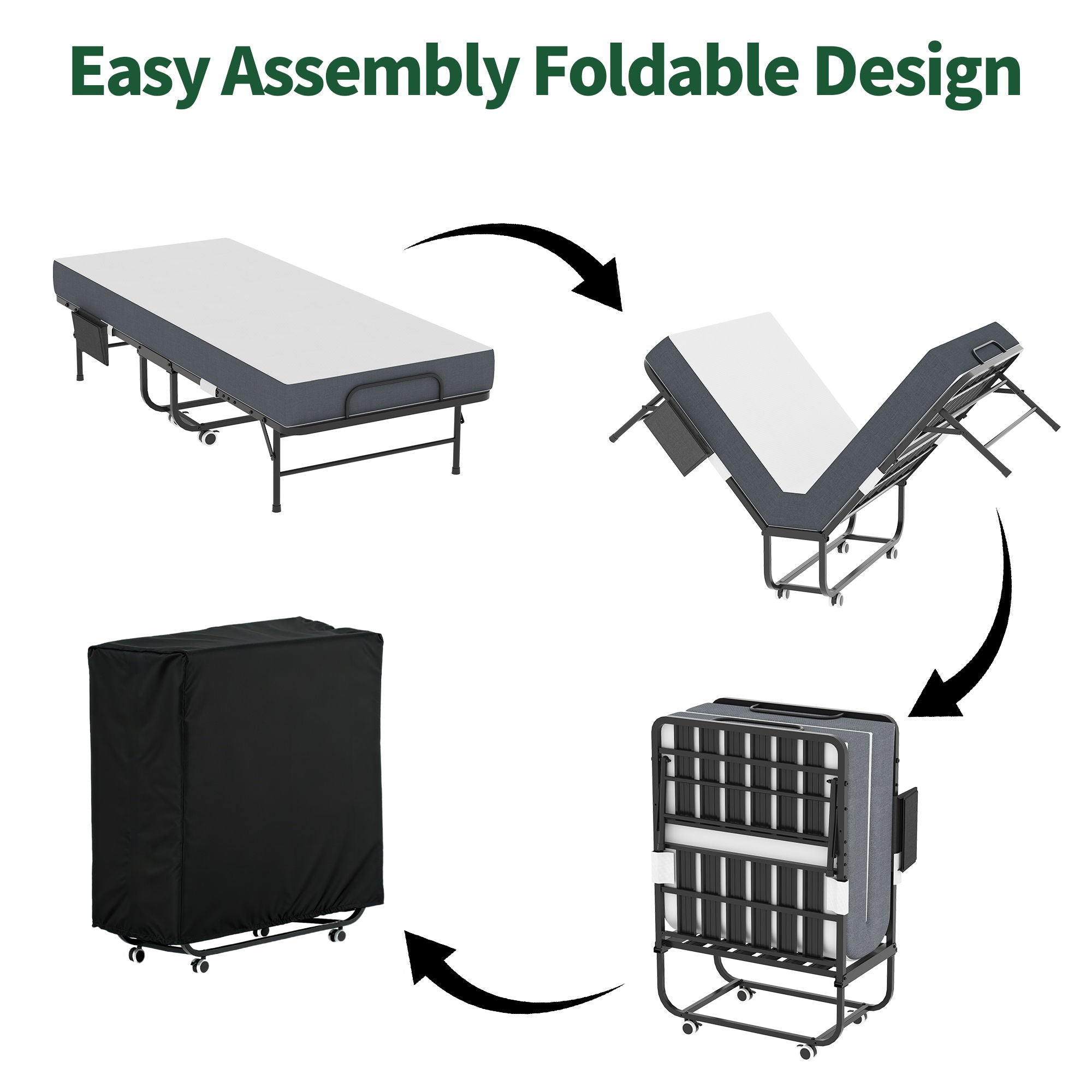 Twin Folding Bed With Memory Foam Mattress, On Wheels, Portable Bed For Adults & Guests - Black
