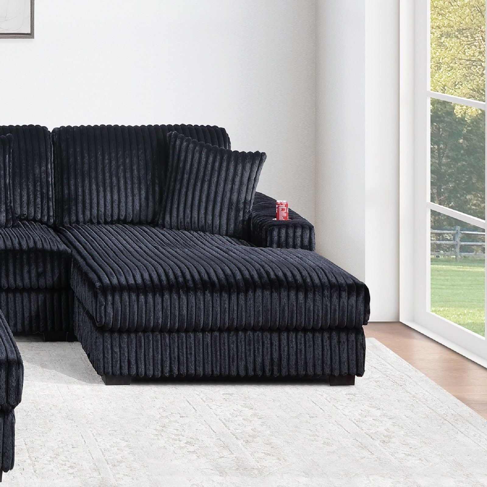 1 Piece Right Arm Facing Chaise With Cup Holder Only Modular Piece Texture Upholstered Living Room Furniture - Black