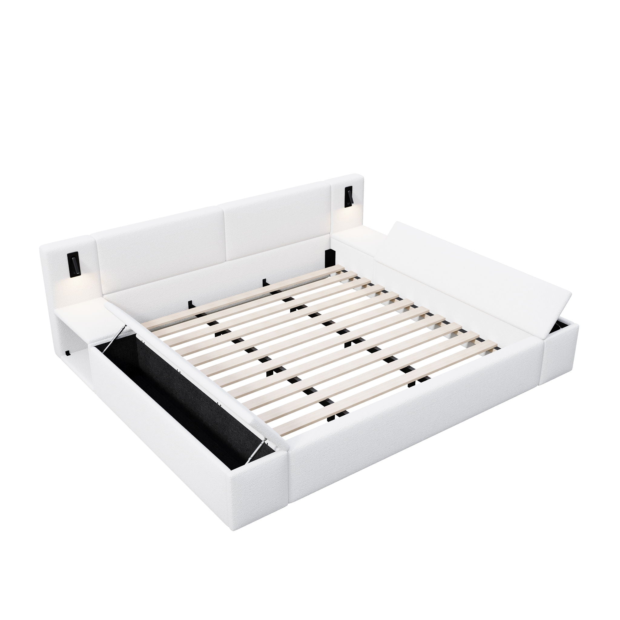 Upholstered Platform Bed Frame With Hidden Storage, Built-In Nightstands & LED Reading Lights