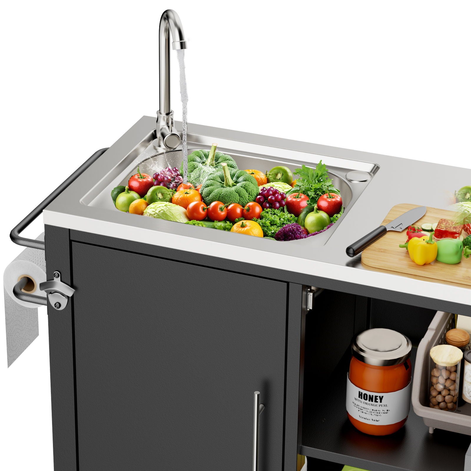 Outdoor Grill Table With Sink, Grill Cart With Sink And Cabinet With Wheels - Black / Silver