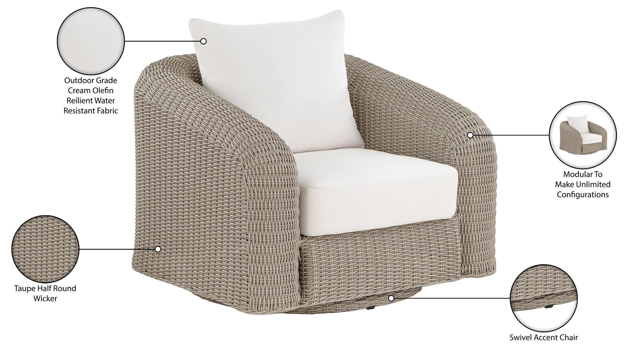 Seacrest - Olefin Water Resistant Fabric And Wicker Outdoor Patio Swivel Chair