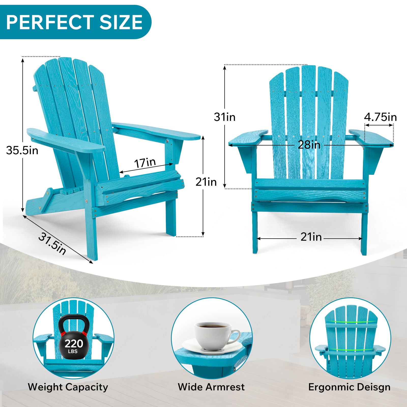 Outdoor Folding Adirondack Chair Patio With Natural Grain Texture - Turquoise Blue