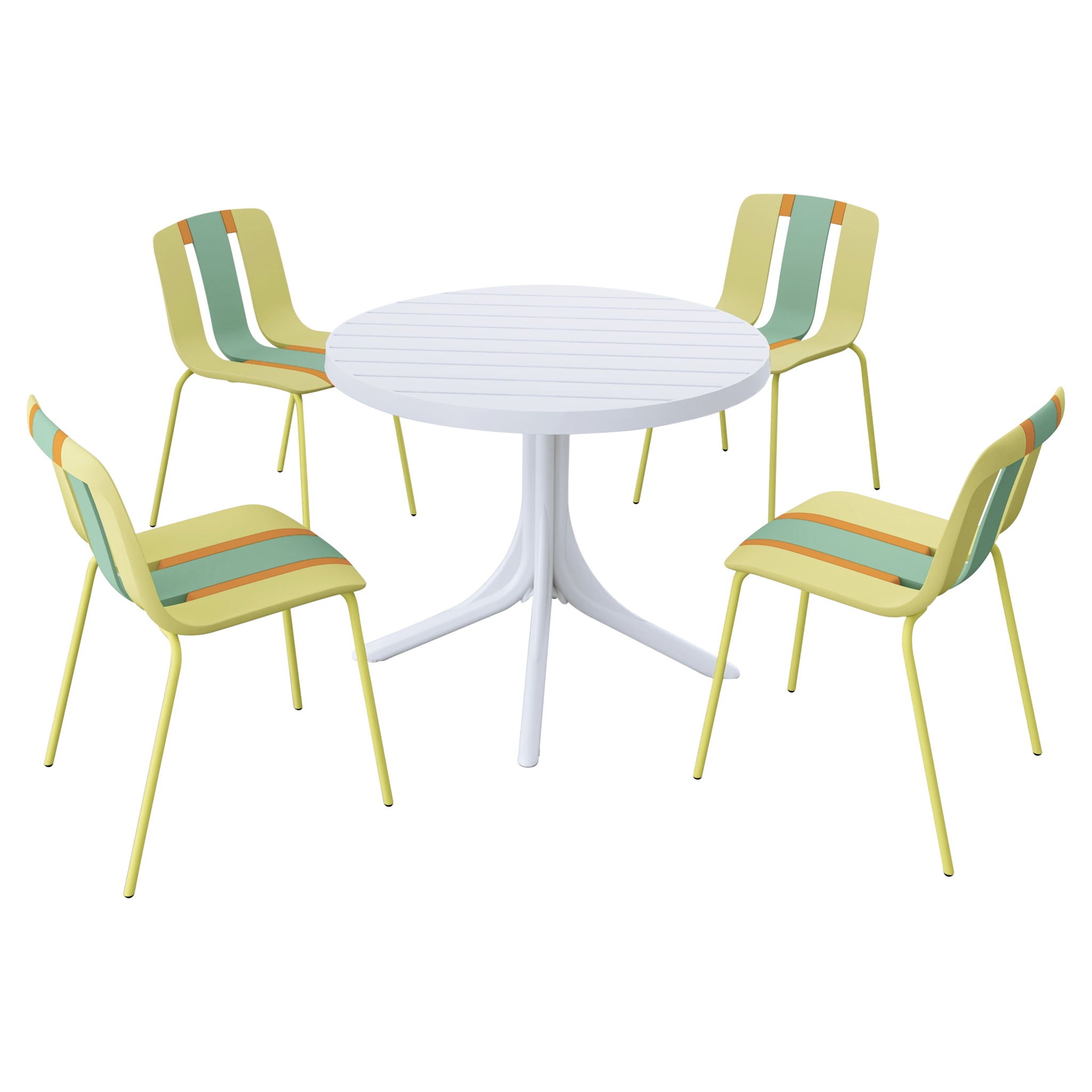 4 Piece Set Of Color Block Designed Single Chairs With Round Table - Grain Yellow / Haze Green / Tropical Orange / White