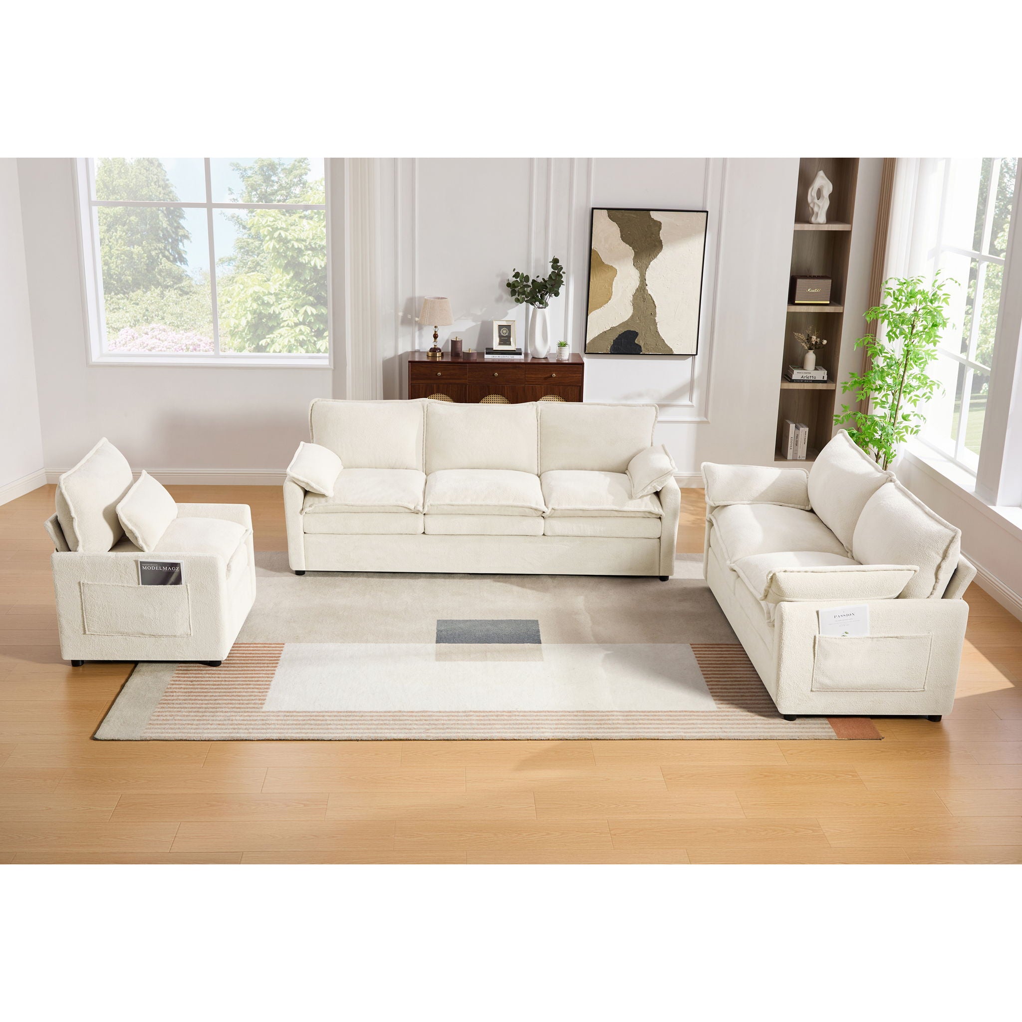 Modern Sofa Set With Double Layer Cushion And Side Storage Pockets