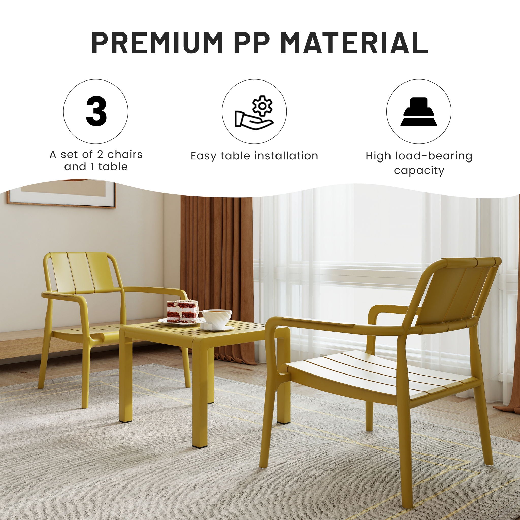 3 Piece Indoor / Outdoor Leisure Table And Chair Set (2 Chairs And 1 Coffee Table), UV Resistant, Waterproof And Durable - Brick Yellow