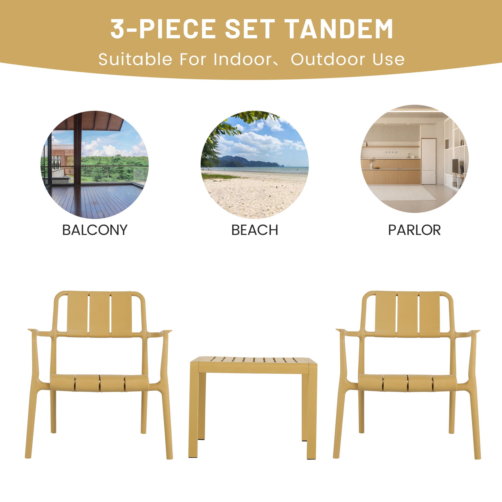 3 Piece Indoor / Outdoor Leisure Table And Chair Set (2 Chairs And 1 Coffee Table), UV Resistant, Waterproof And Durable - Brick Yellow