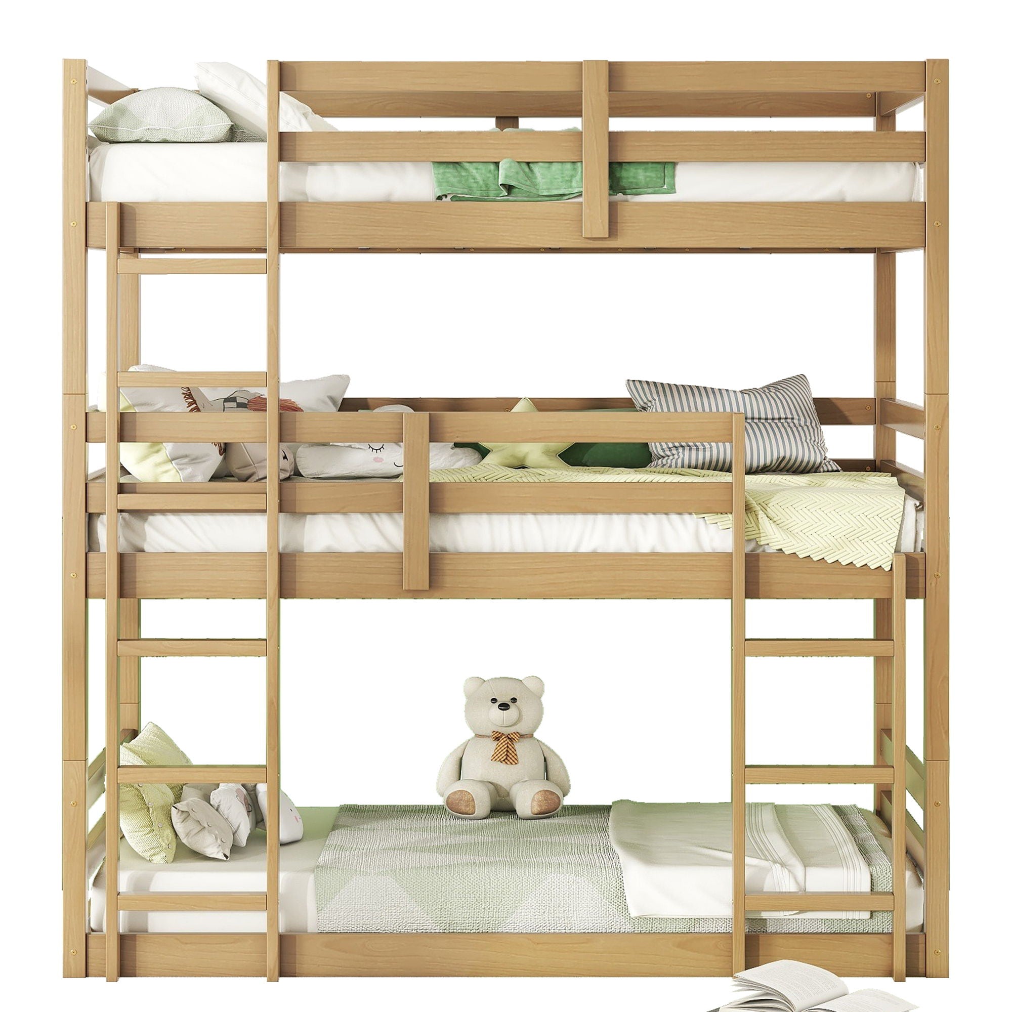 Twin Over Twin Over Twin Triple Bunk Bed With 2 Built In Ladders, Guardrails - Natural