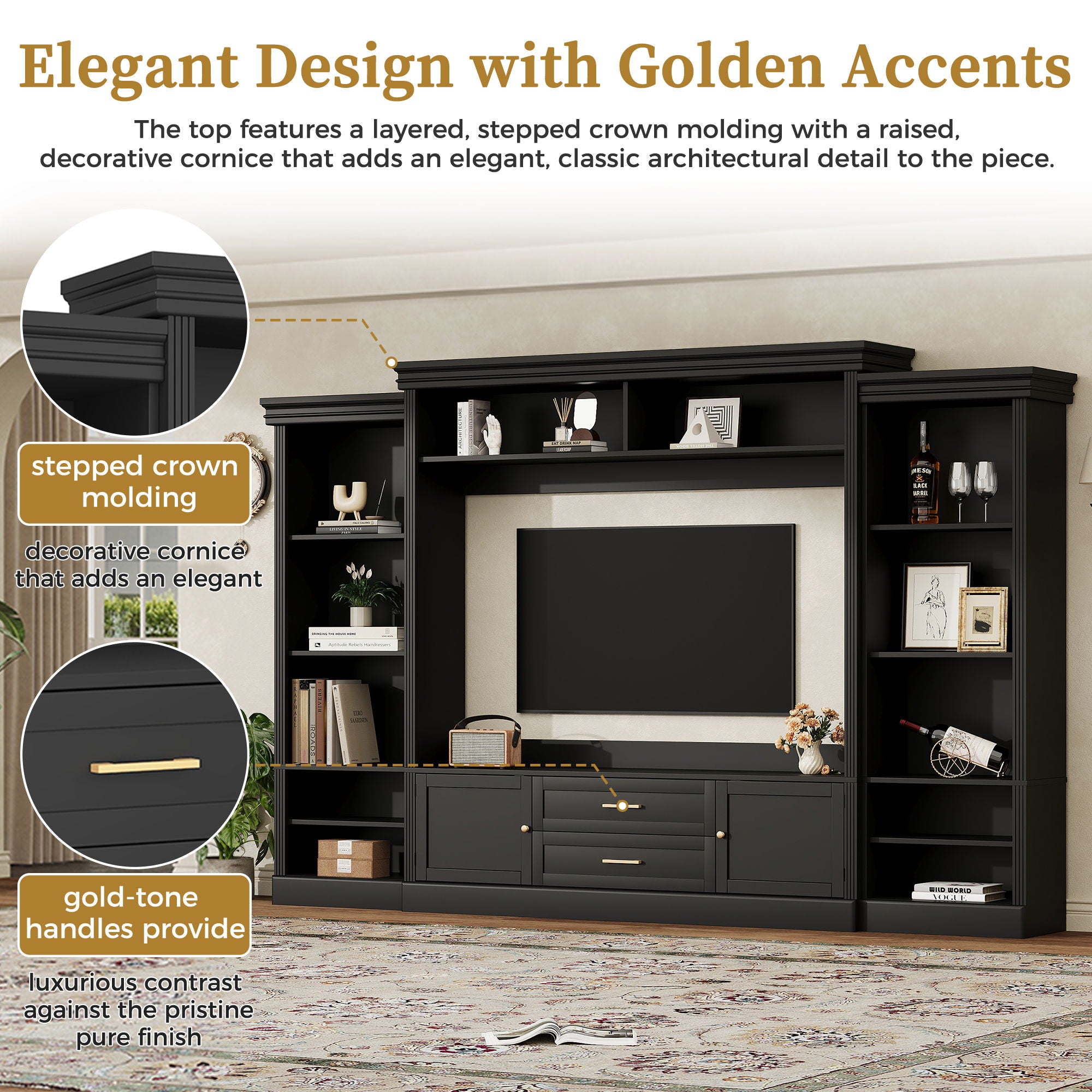 Elegant Entertainment Center Wall Unit With Bookshelves