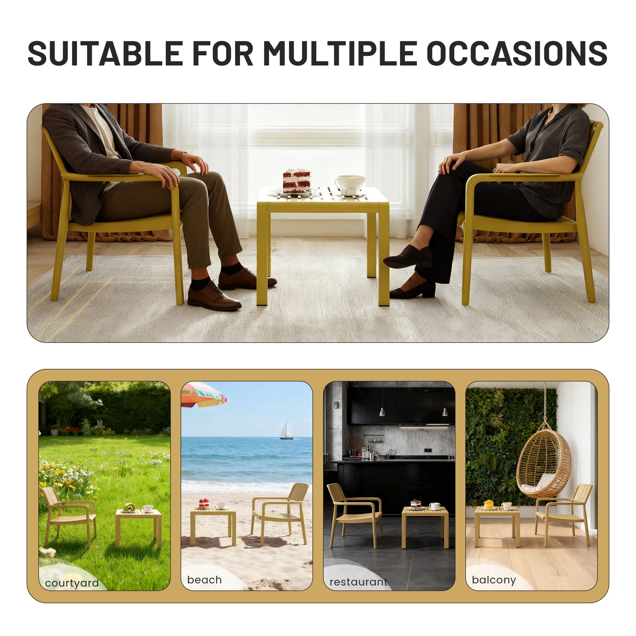 3 Piece Indoor / Outdoor Leisure Table And Chair Set (2 Chairs And 1 Coffee Table), UV Resistant, Waterproof And Durable - Brick Yellow