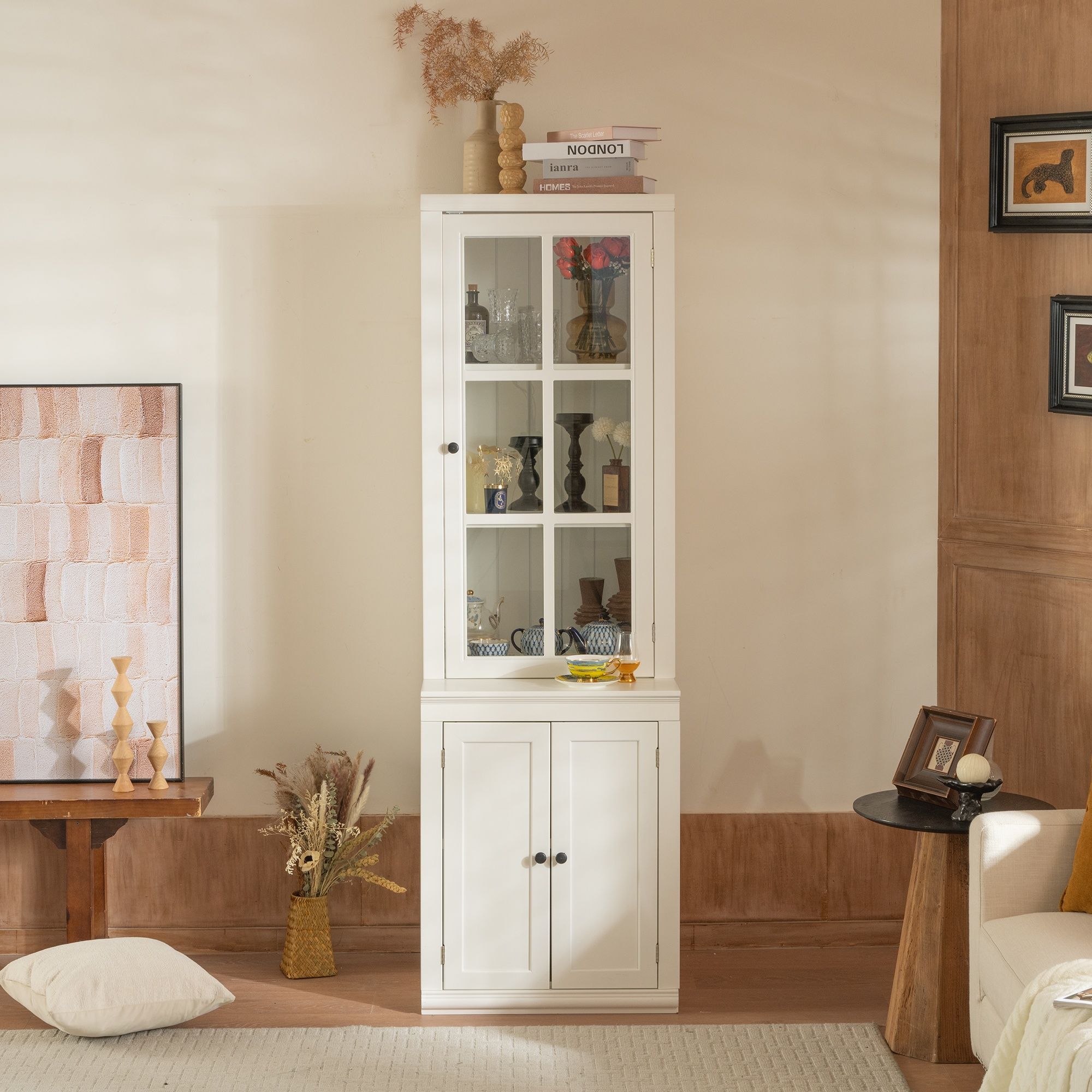 Retro Style Hutch Cabinet With Glass Door, China Cabinet For Home