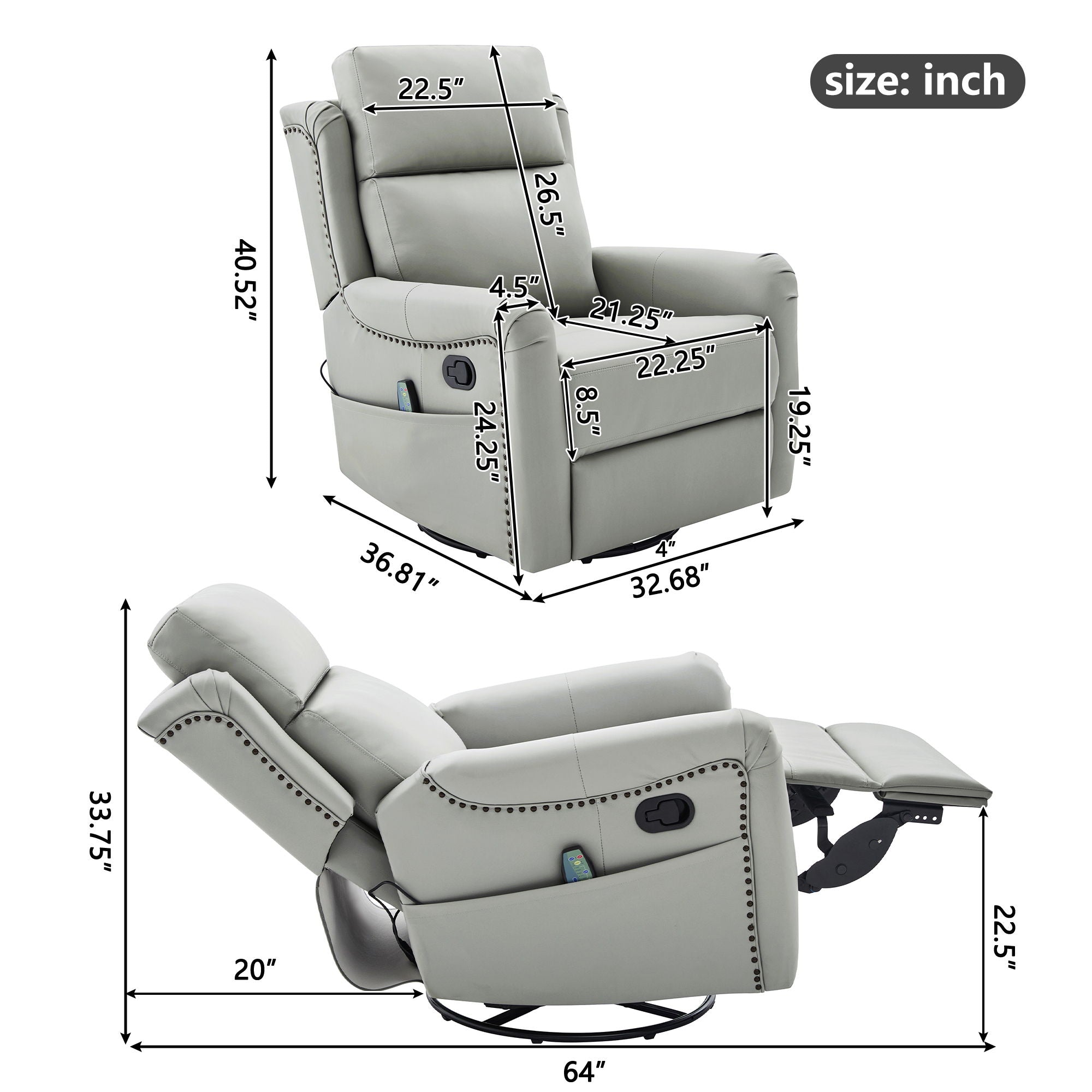 Manual Recliner Swivel Rocking Chair With 8 Point Massage And Heating