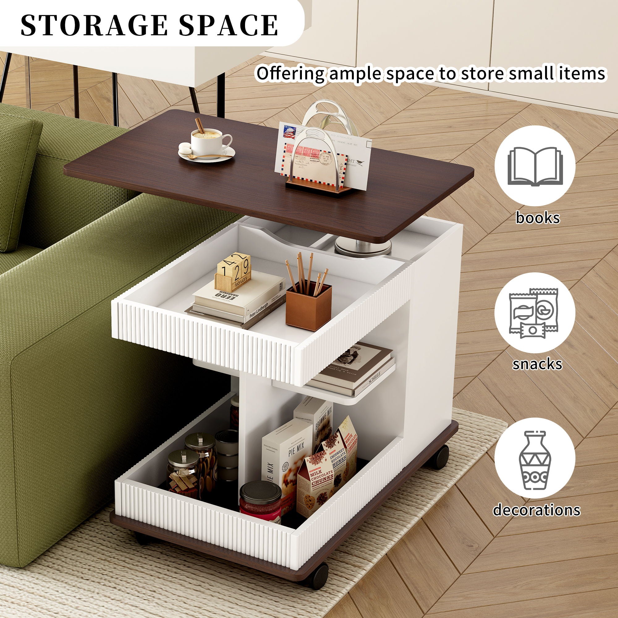 Adjustable End Table With Wheels, 360°Rotating Top And Storage Space