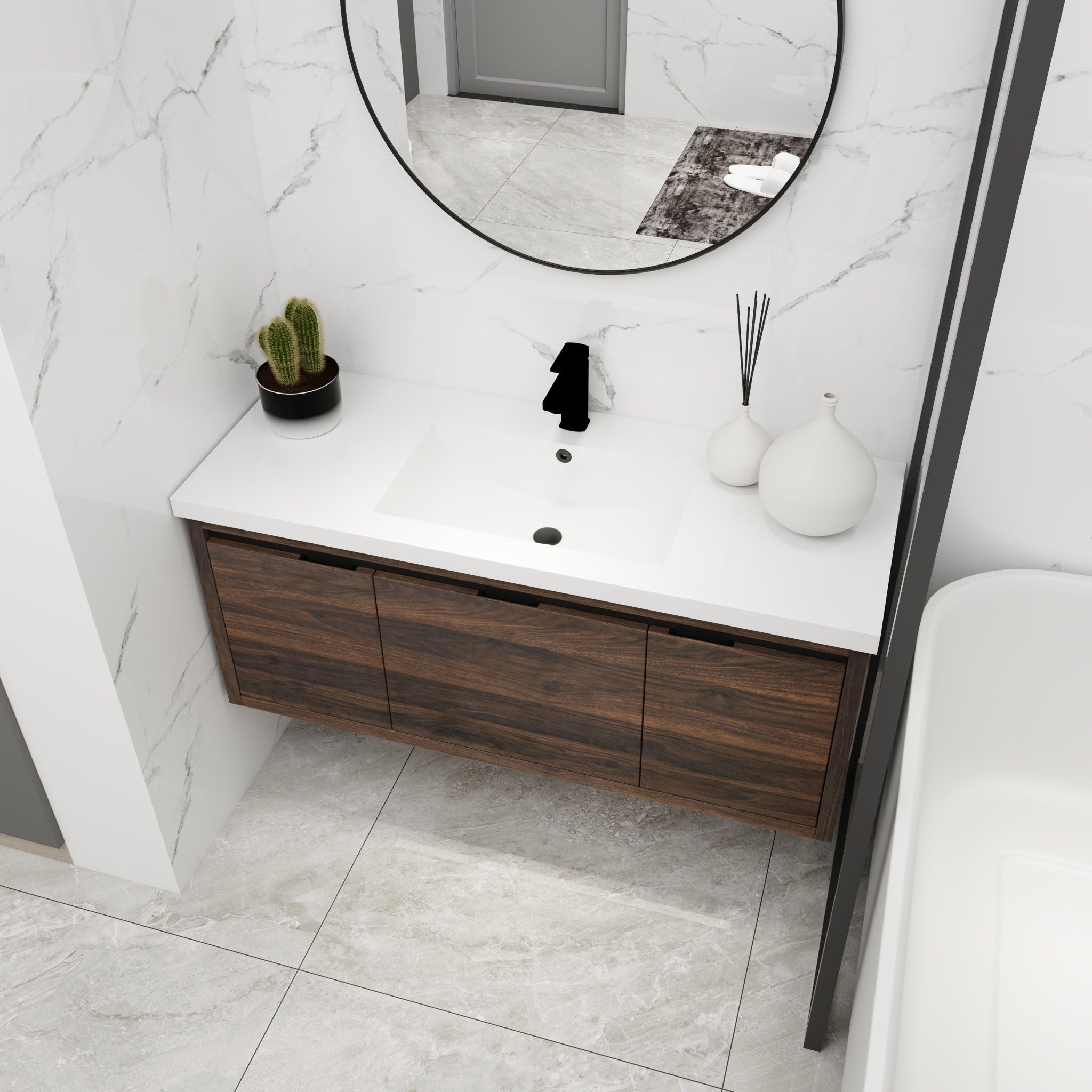 Floating 48" Bathroom Vanity With Resin Sink And Soft Close Doors California Plywood - California Walnut